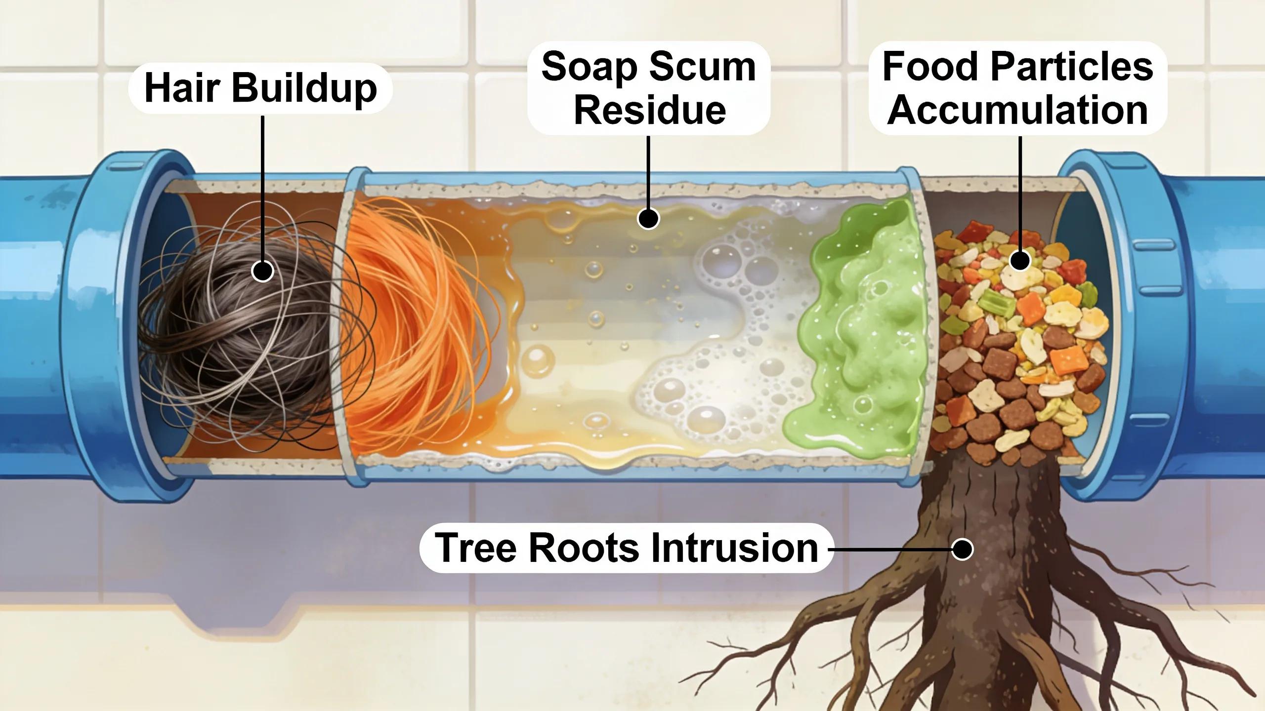 Illustration of common causes of drain clogs including hair, food particles, and tree roots