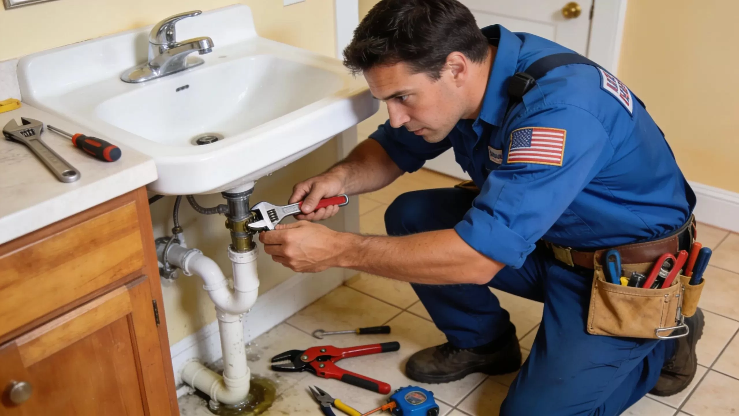 licensed emergency plumber repairing a leak in a home setting in New Jersey