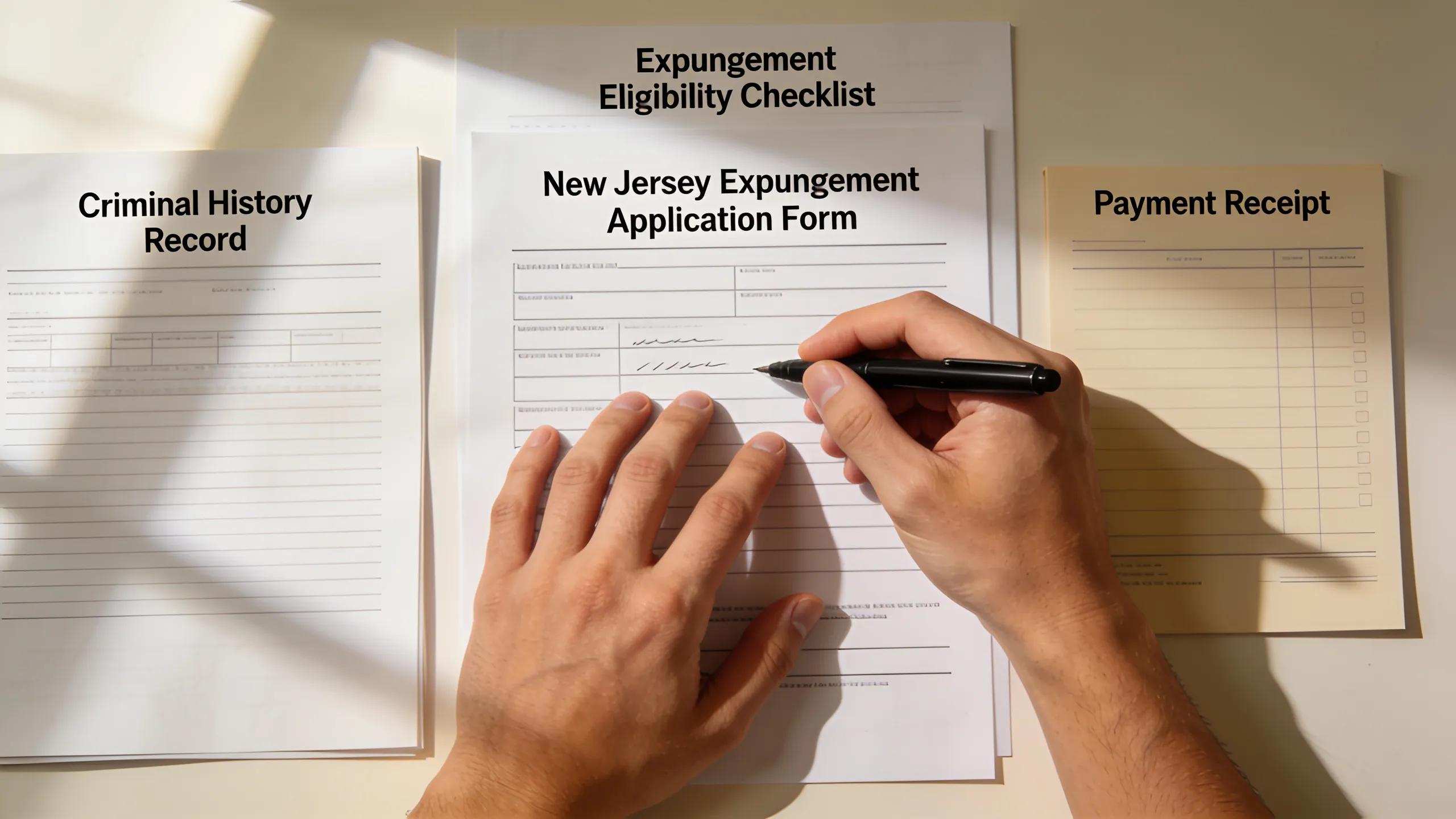 Close-up of hands preparing expungement application documents and records