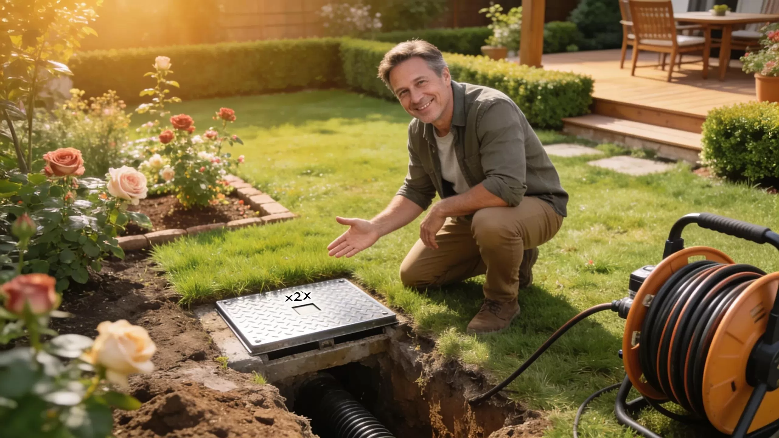 Satisfied homeowner observing minimal disruption in yard from trenchless sewer repair process