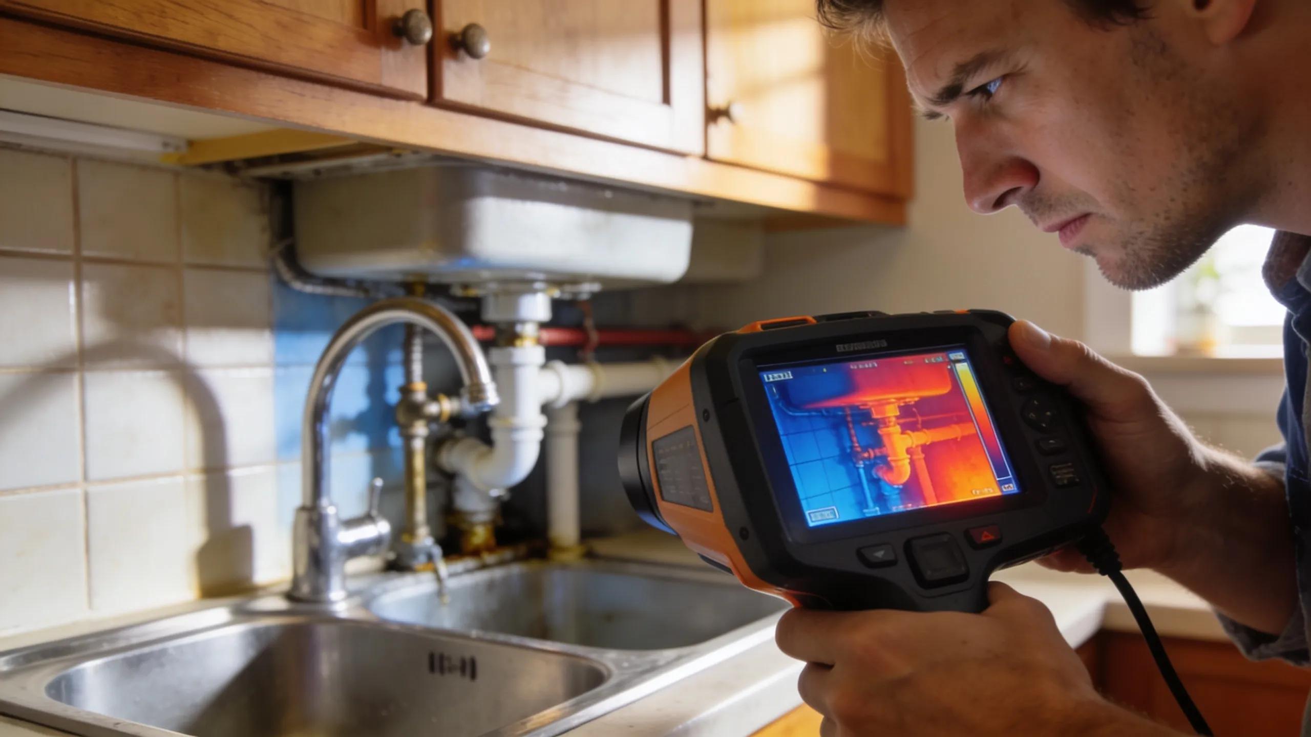 Homeowner using thermal imaging camera to detect water leaks in kitchen
