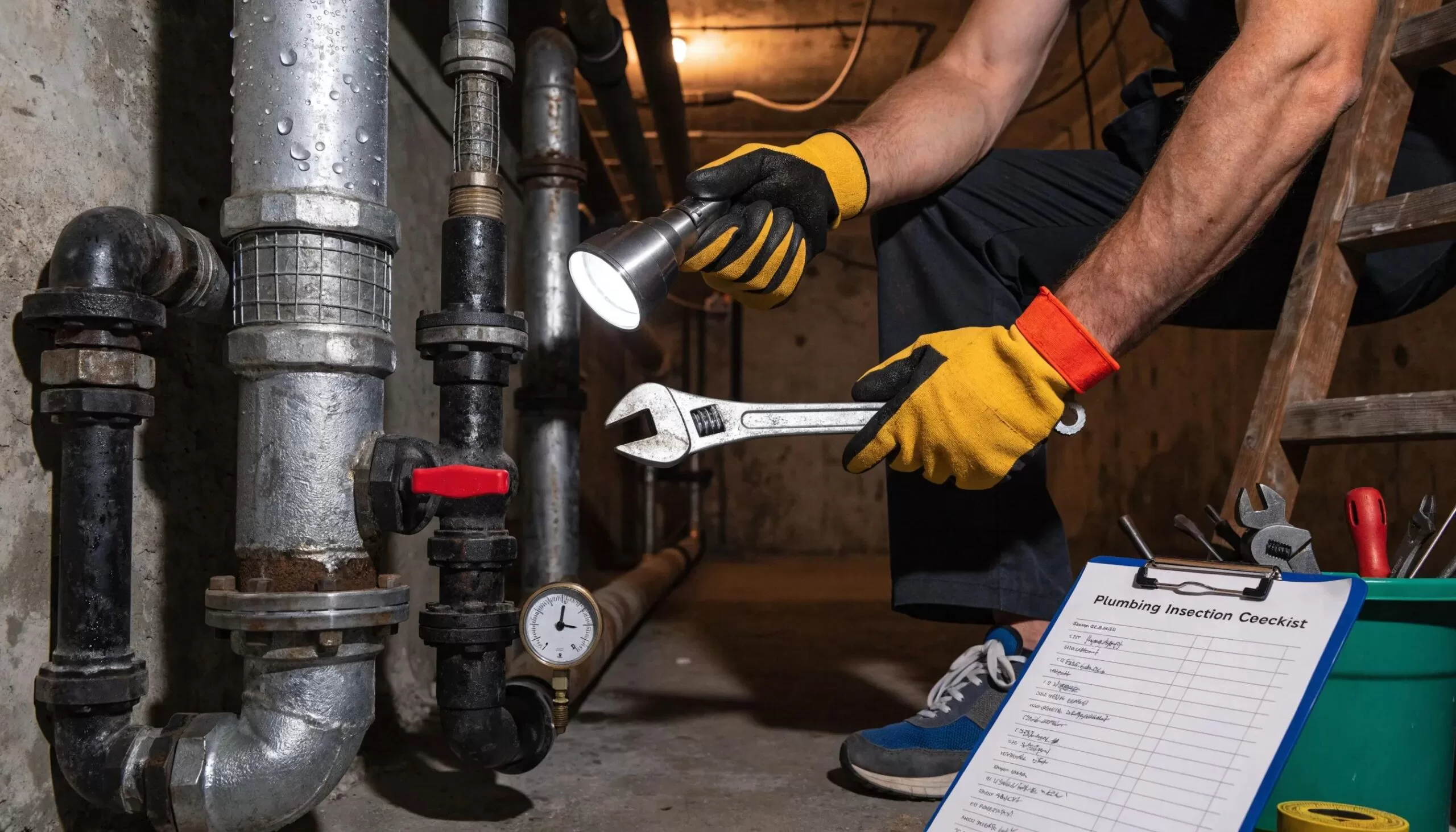 plumber inspecting pipes with a flashlight during a routine maintenance check