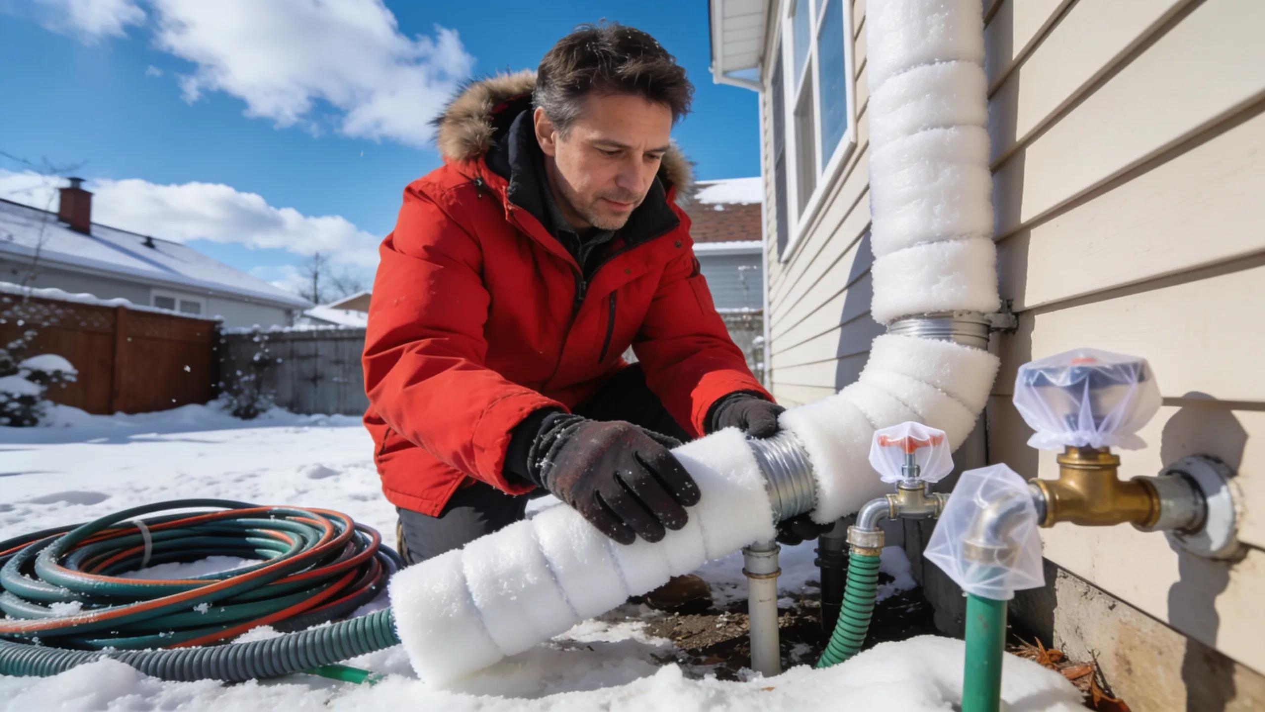 Homeowner insulating outdoor pipes for winter in Belleville NJ highlighting seasonal plumbing maintenance