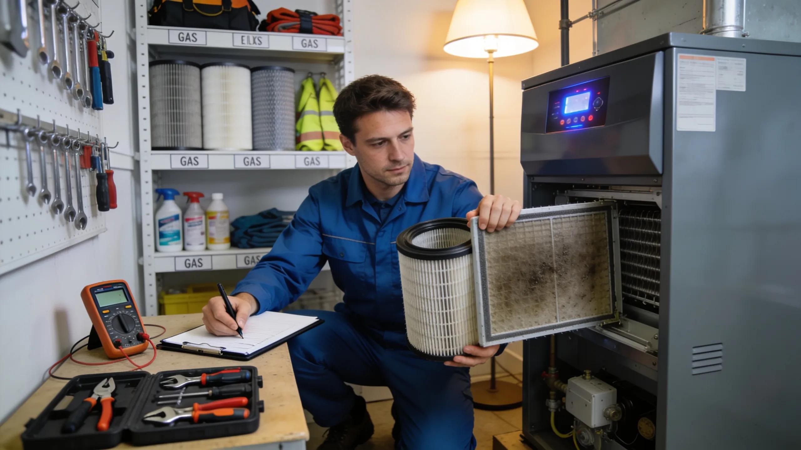 Technician performing preventative maintenance on a furnace, emphasizing the importance of regular upkeep in heating systems