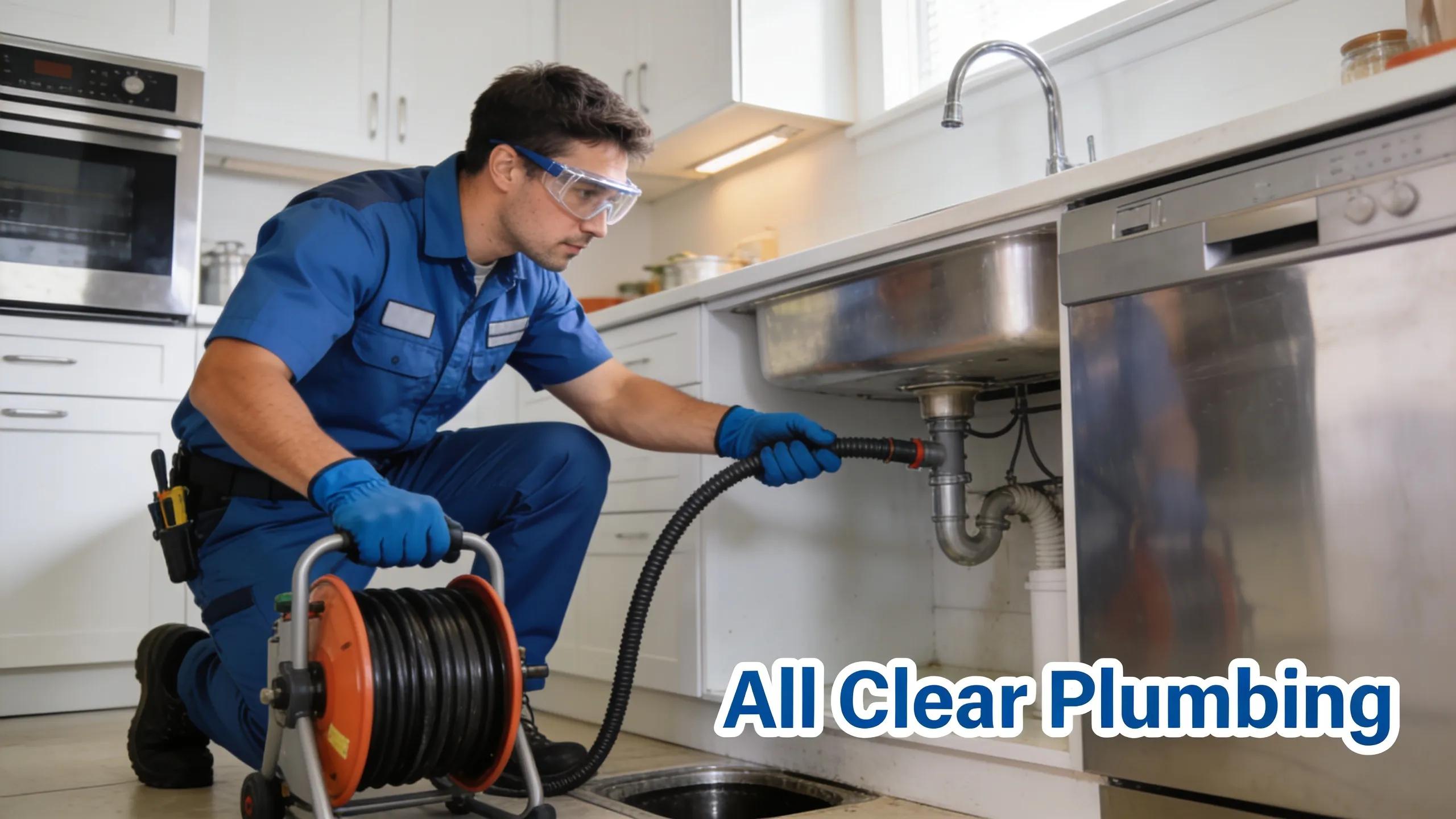 Plumber using a drain snake in a residential kitchen for effective clog removal