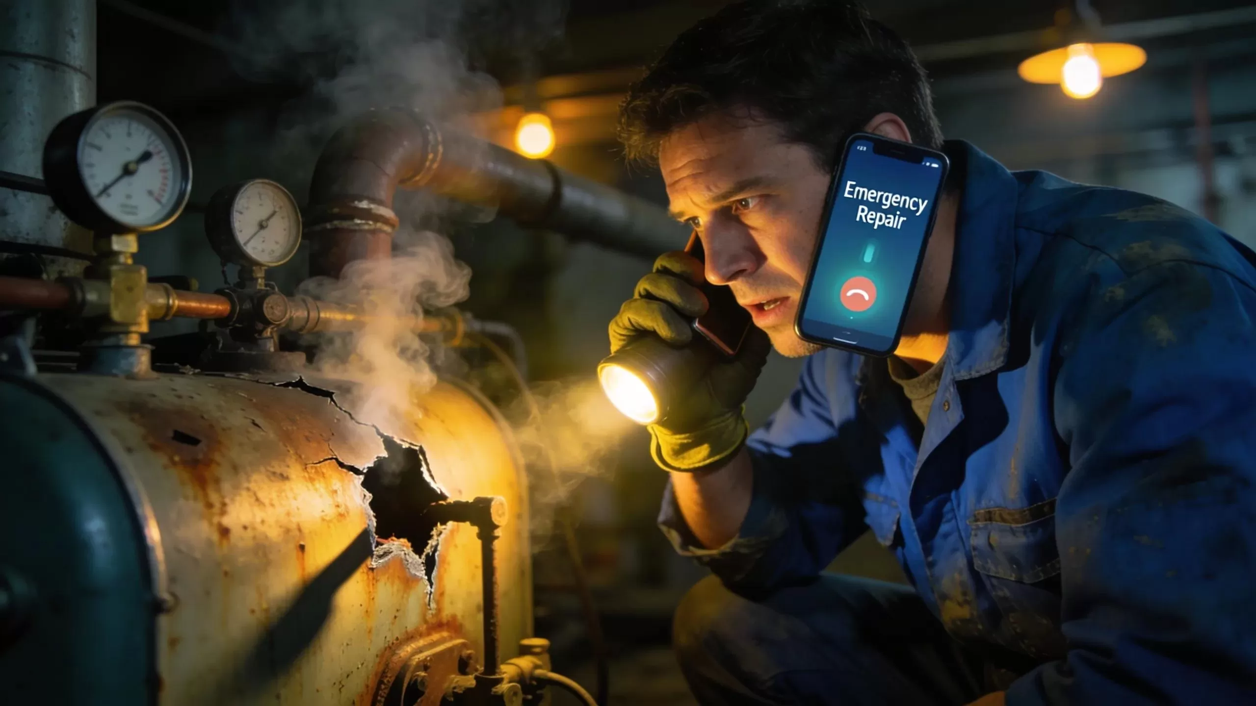 Technician on urgent call regarding emergency boiler repairs in a residential setting