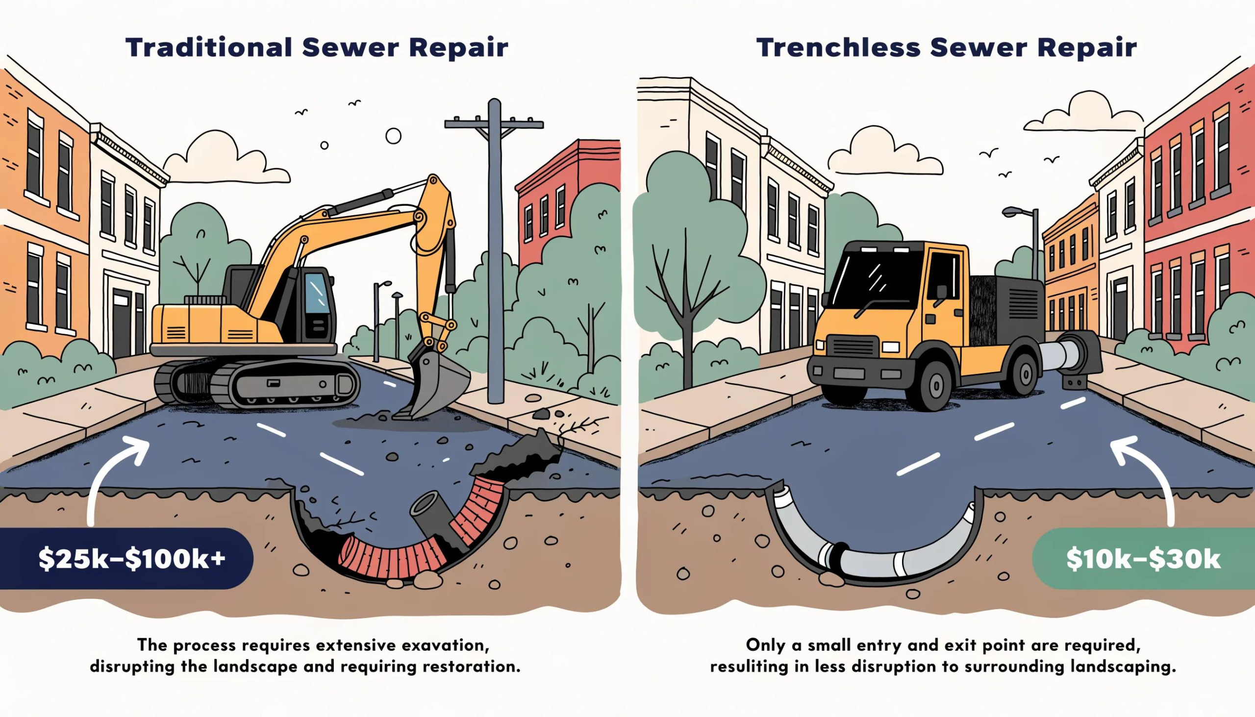 Comparison of trenchless sewer repair costs versus traditional excavation methods, emphasizing cost efficiency