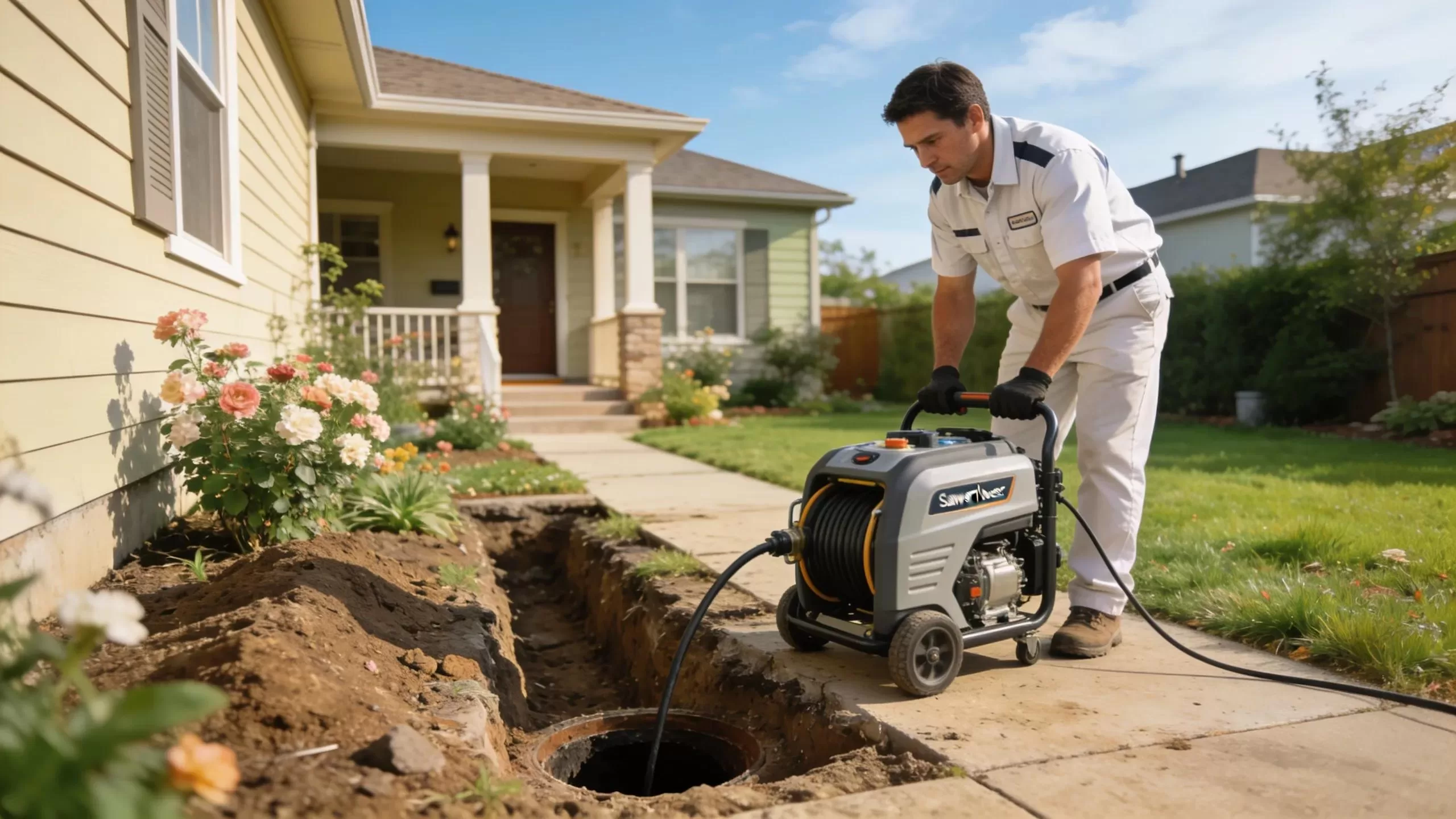 Trenchless sewer repair technician working in a residential area highlighting modern repair efficiency