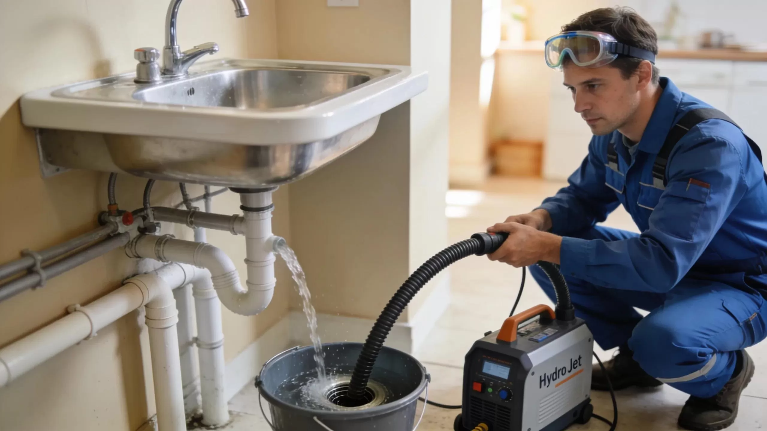Professional plumber cleaning a residential drain with modern equipment