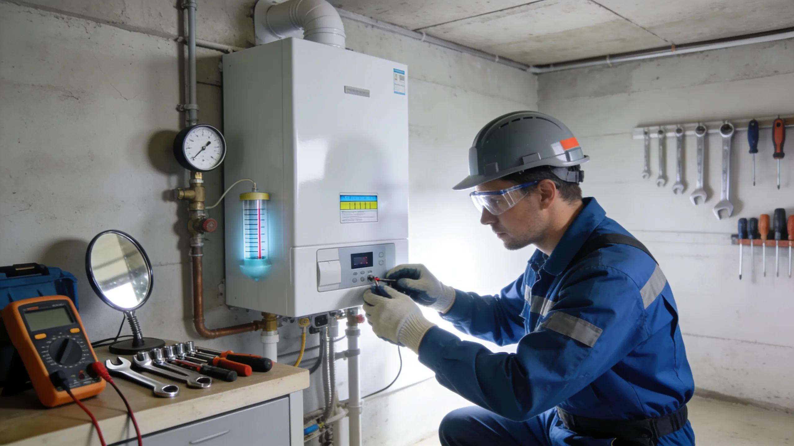 Technician inspecting a residential boiler system for maintenance and troubleshooting