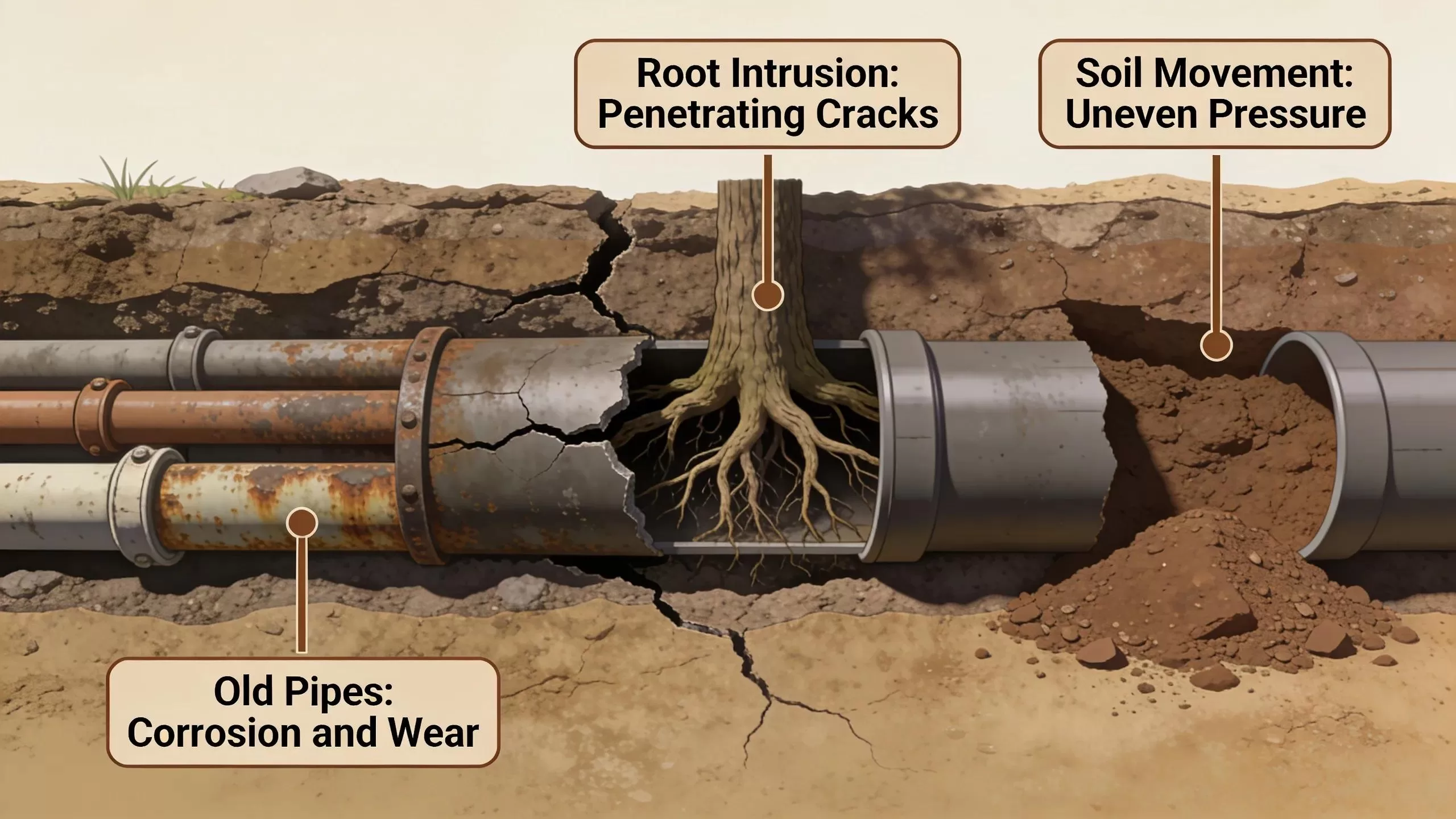 Underground view illustrating causes of sewer pipe collapse with roots and damaged pipes