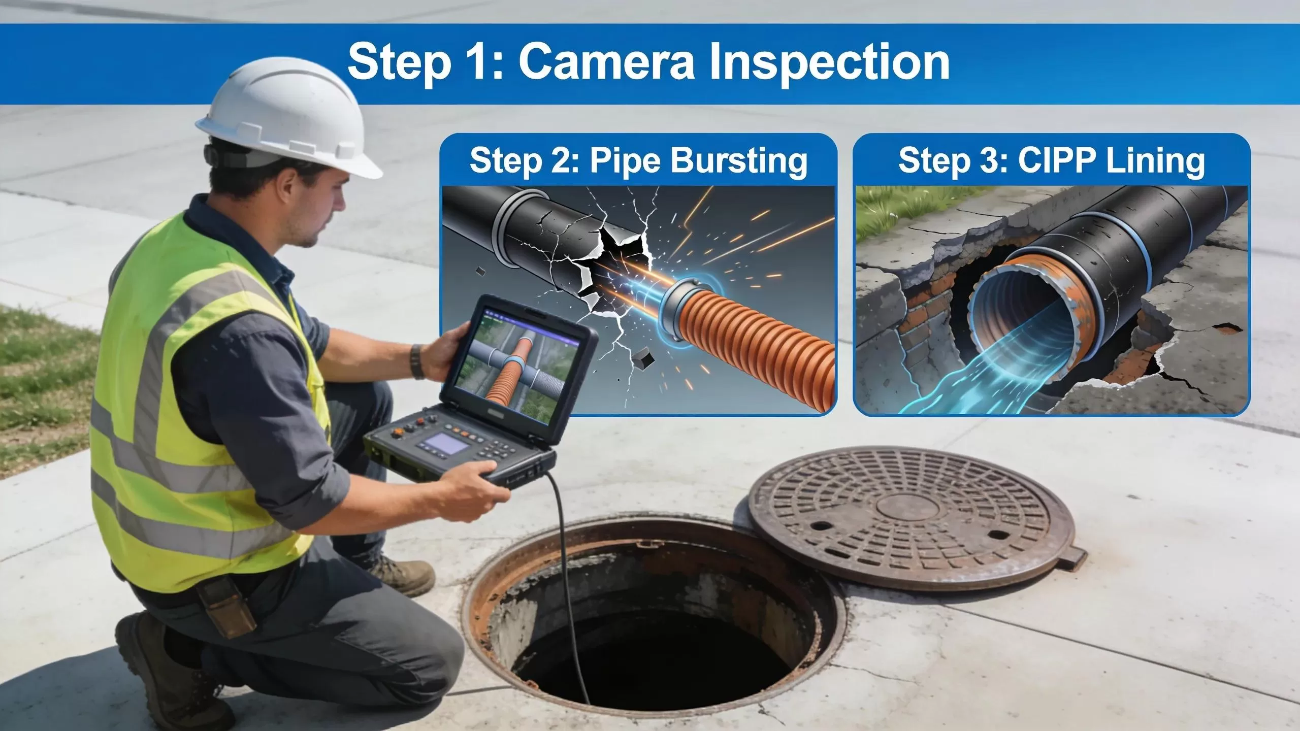 Technician conducting inspection for trenchless sewer repair with visuals of pipe bursting and CIPP lining