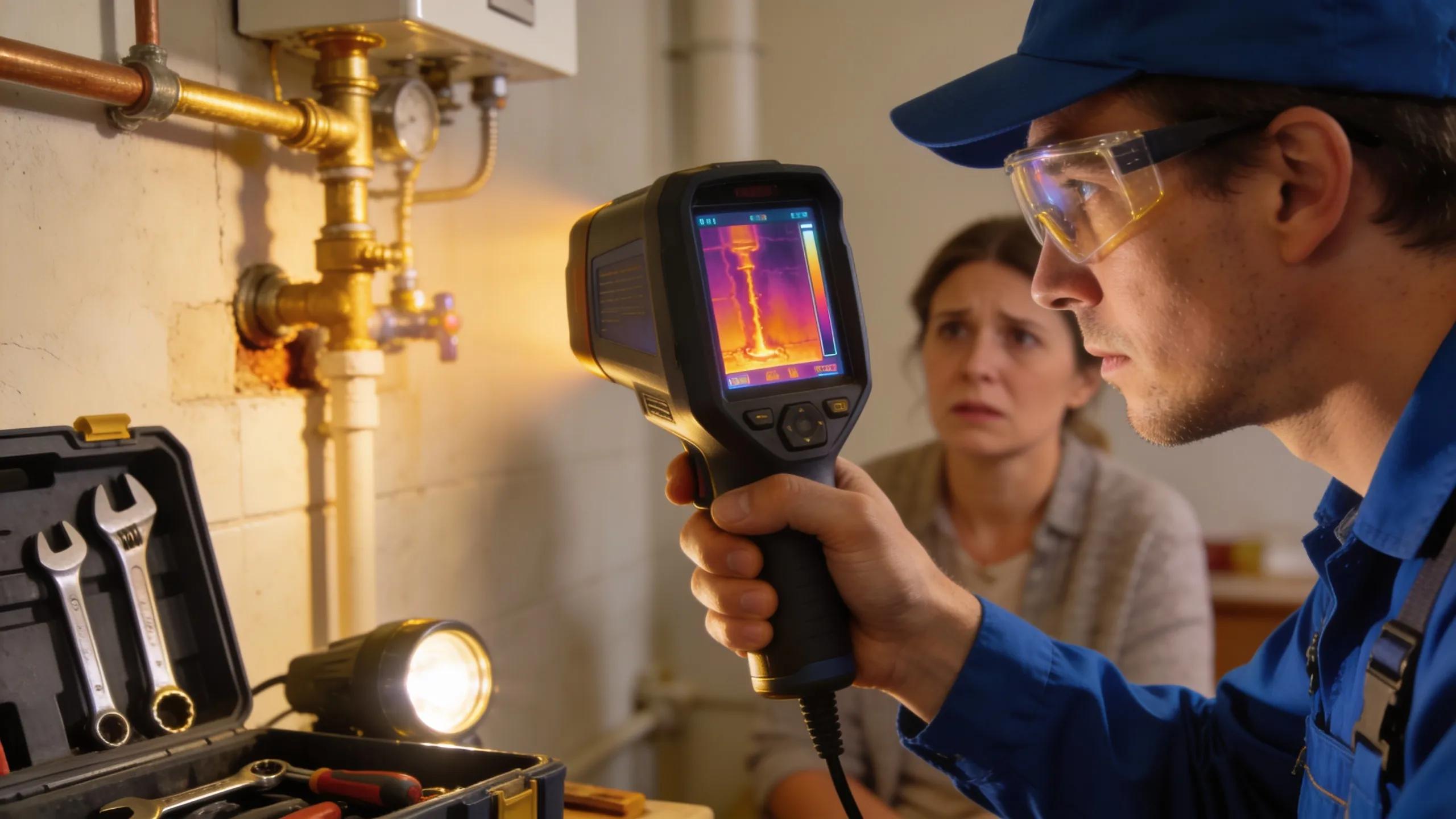 Professional plumber using thermal imaging technology for water leak detection in a home