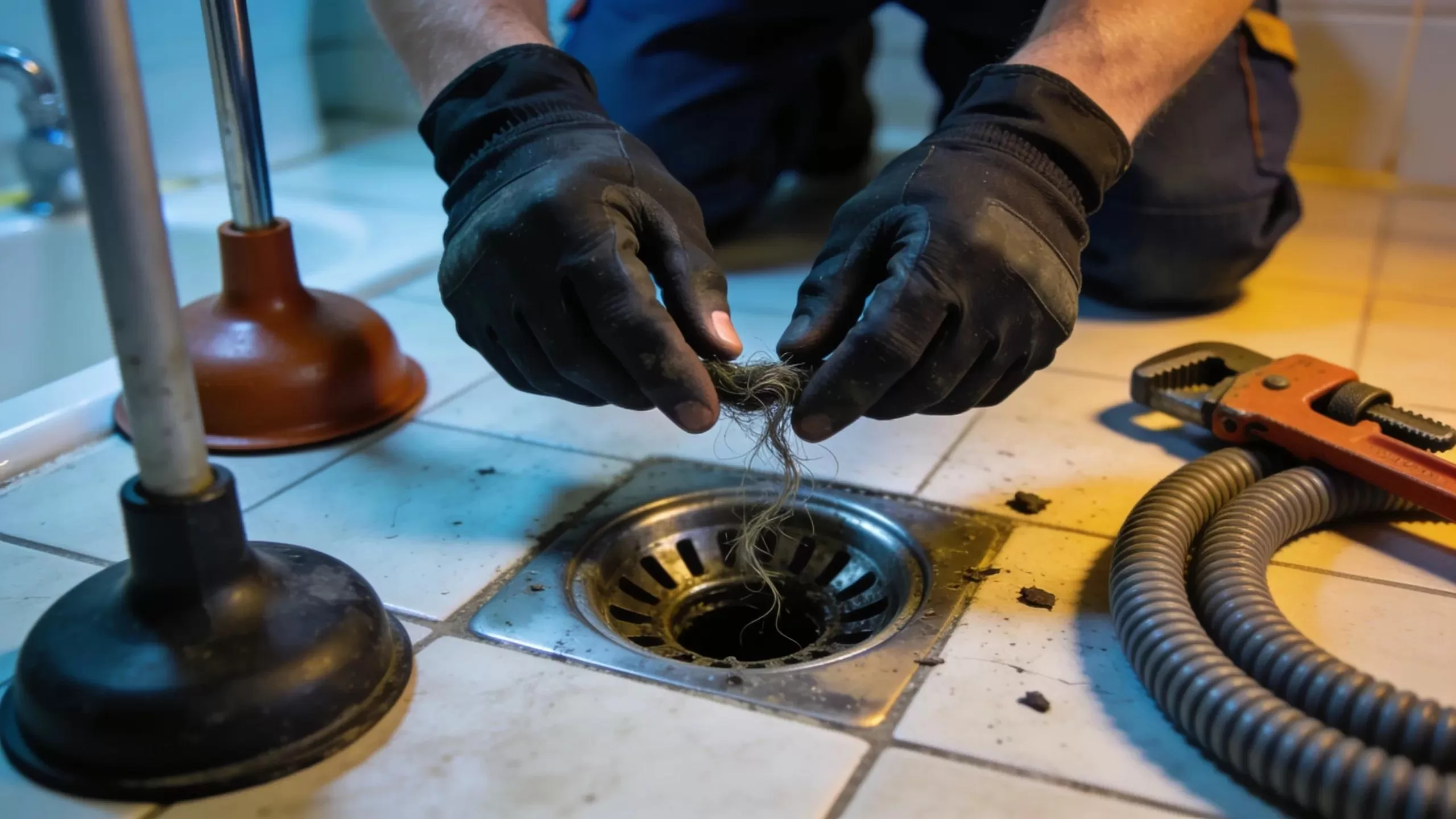 Plumber inspecting a clogged bathroom drain during an emergency situation