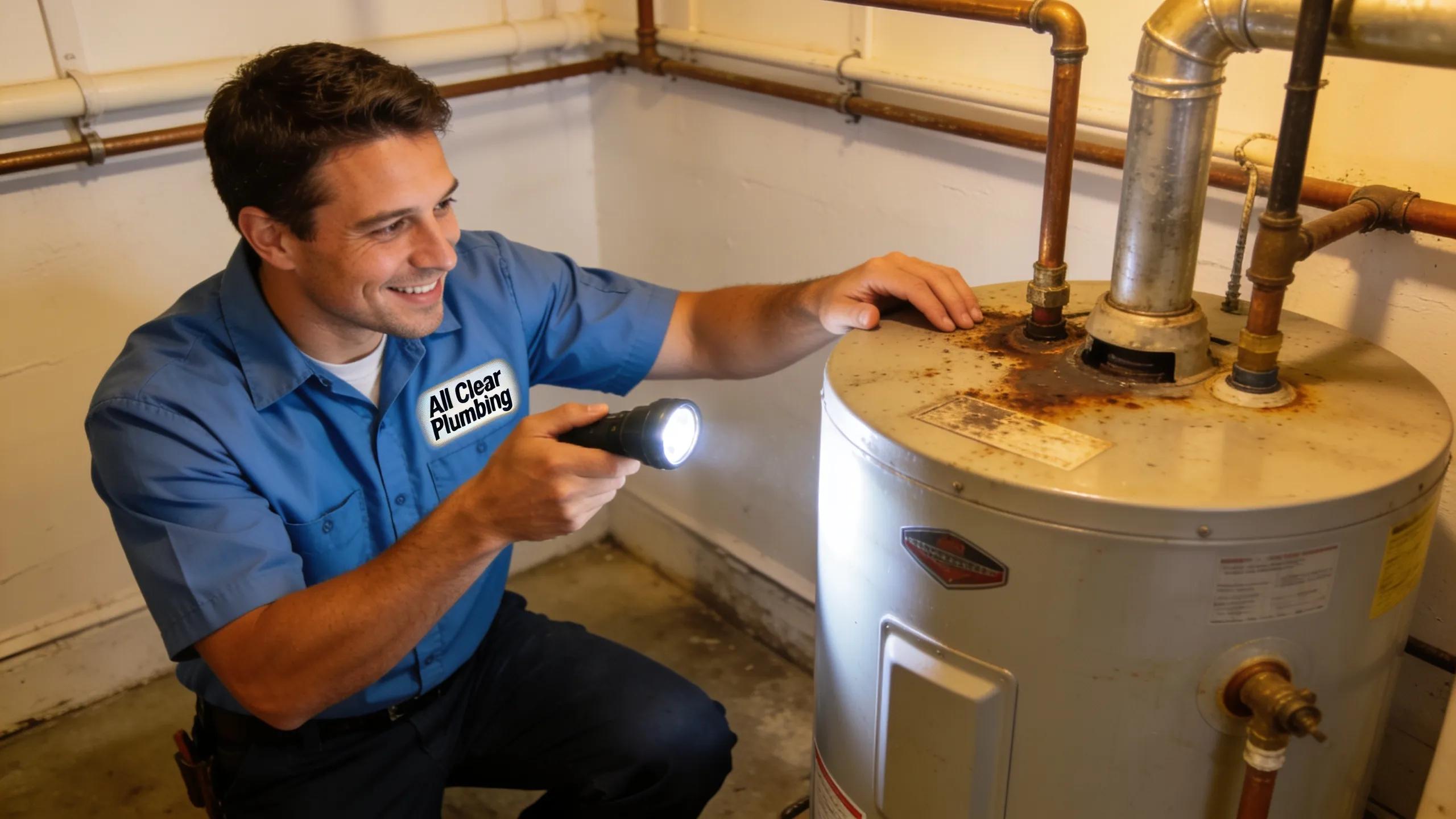 Plumber inspecting a water heater for signs of damage in a New Jersey home
