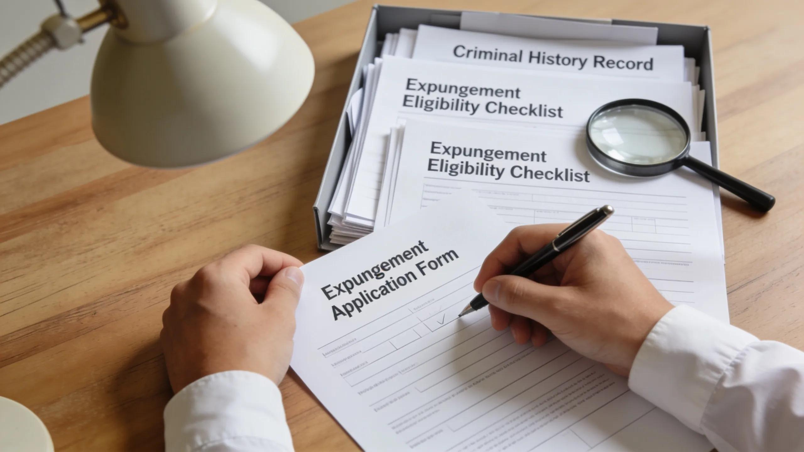 Hands completing legal forms for expungement, illustrating the organized application process and necessary documentation