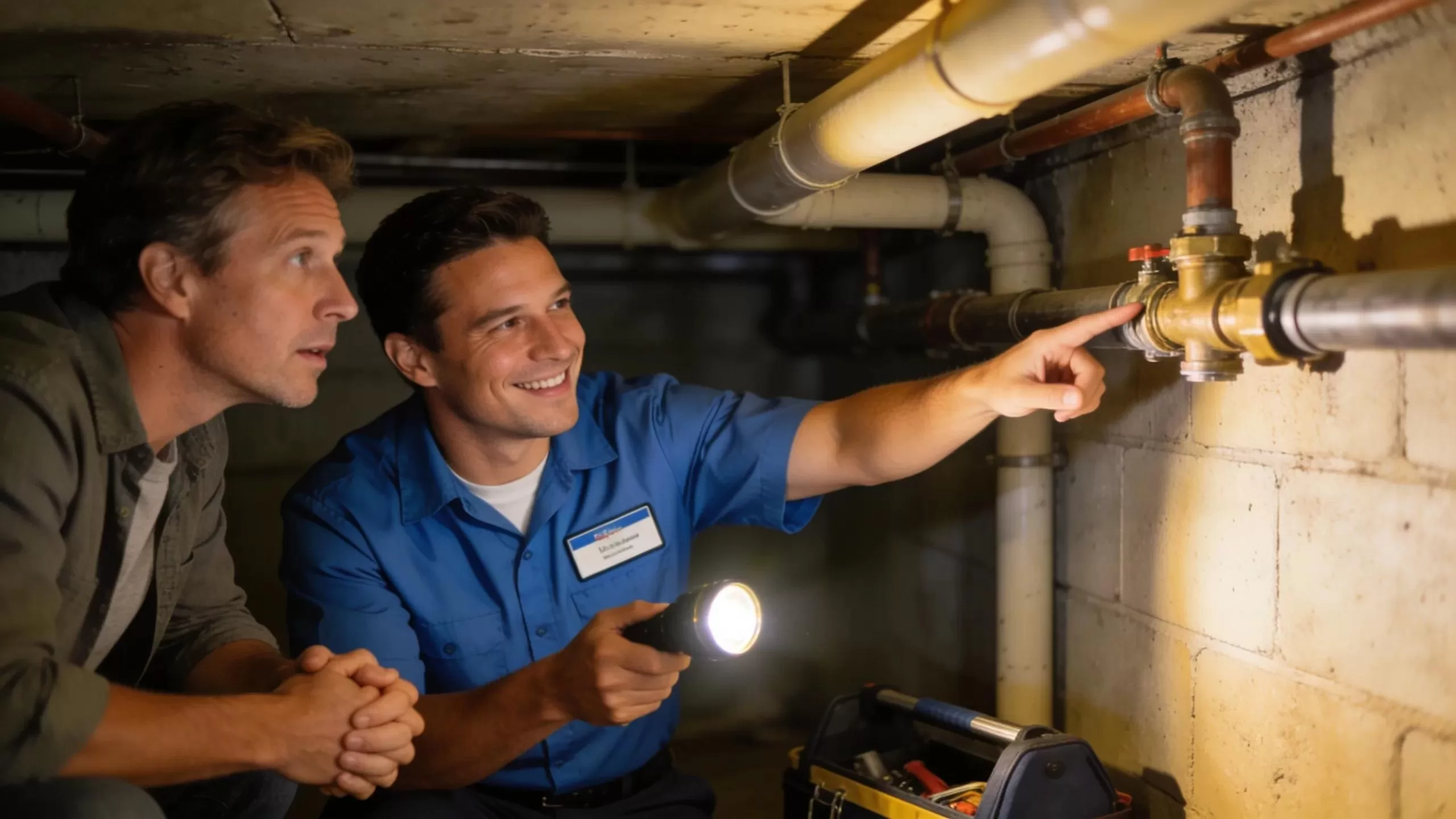 licensed plumber discussing plumbing repairs with a homeowner in a basement