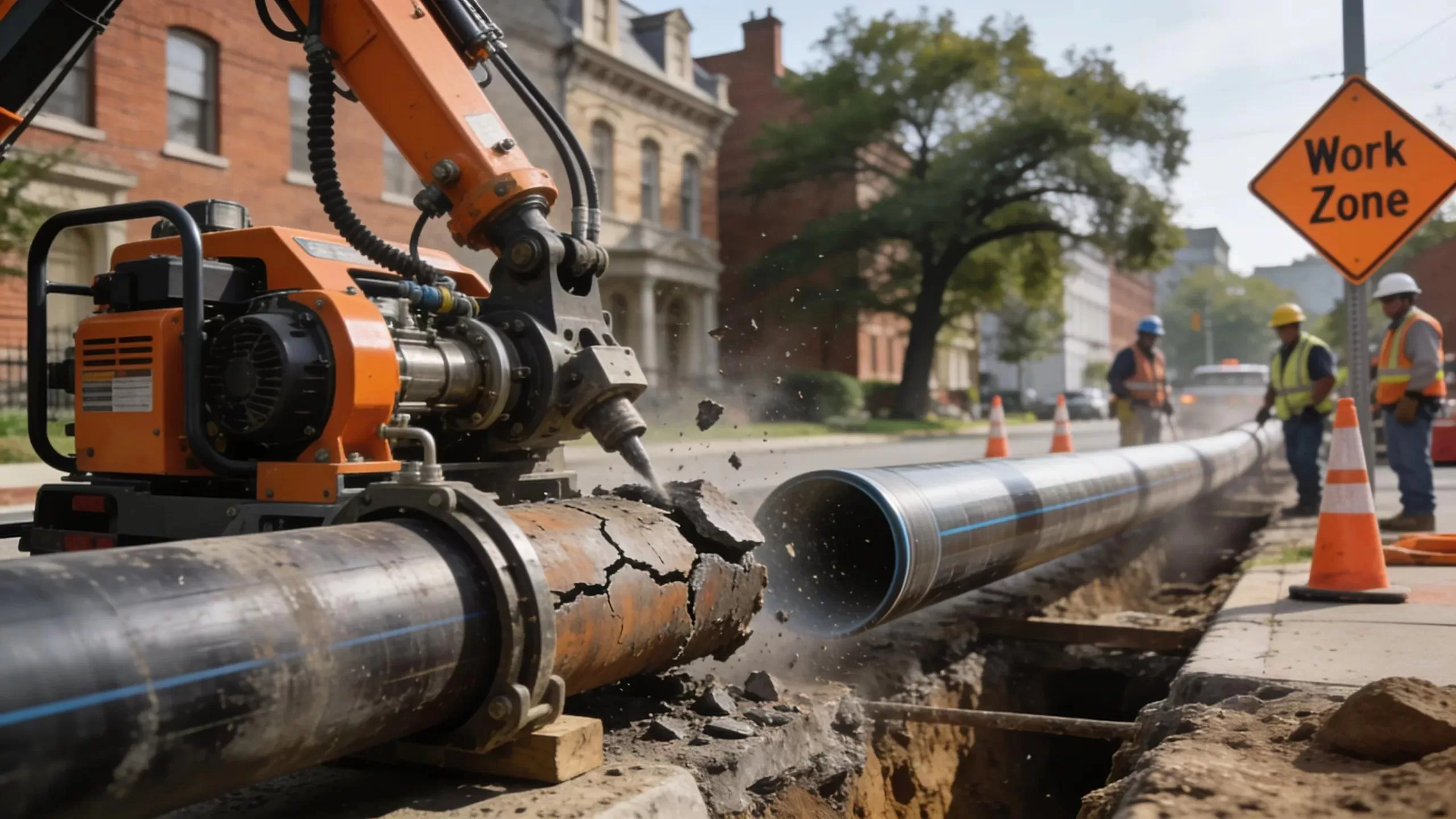 Pipe bursting method being used for sewer line replacement, illustrating modern plumbing techniques