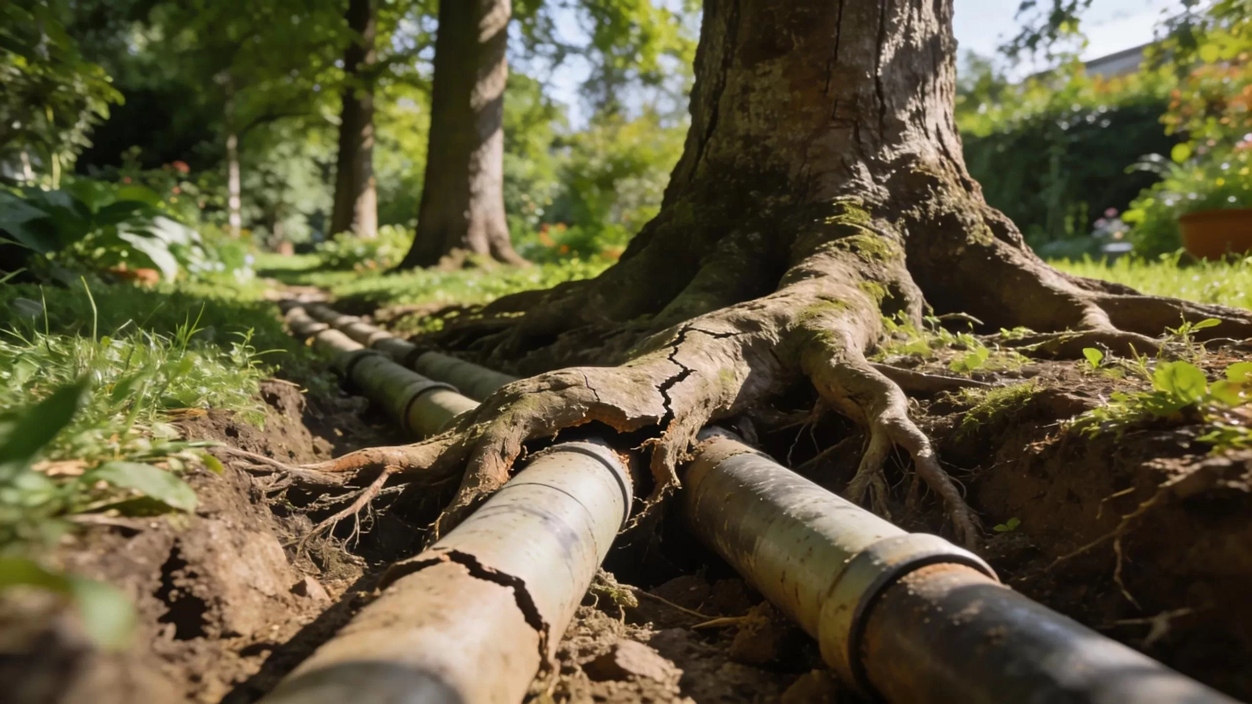 Tree roots encroaching on sewer pipes, depicting the damage caused by root intrusion in NJ.