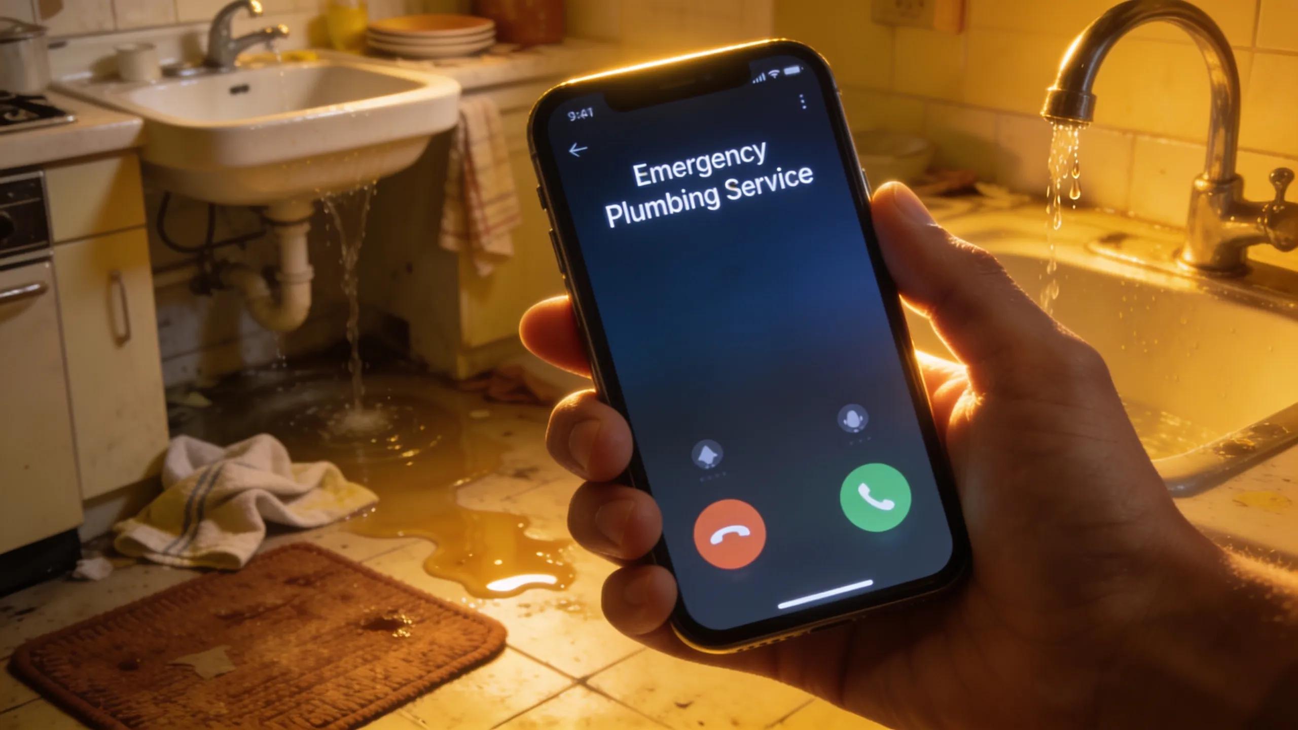 Homeowner using a smartphone to request emergency plumbing services, emphasizing quick communication.