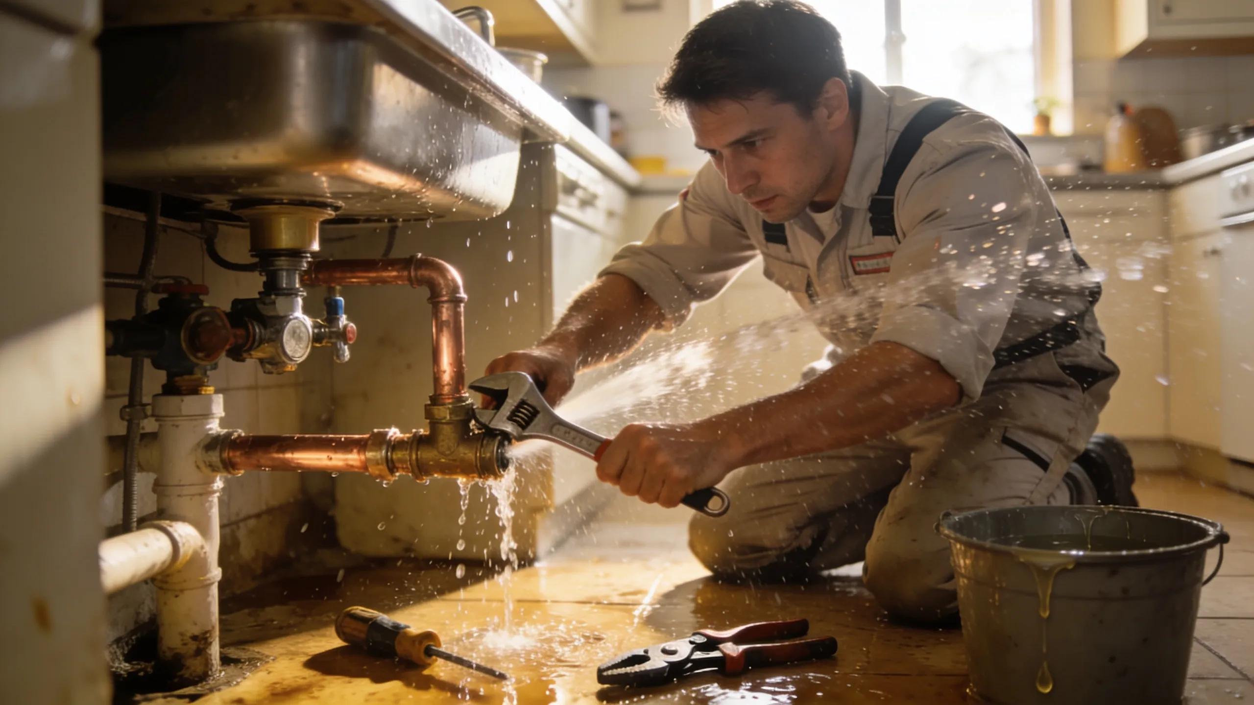 Plumber repairing a burst pipe in a residential setting, emphasizing emergency plumbing services