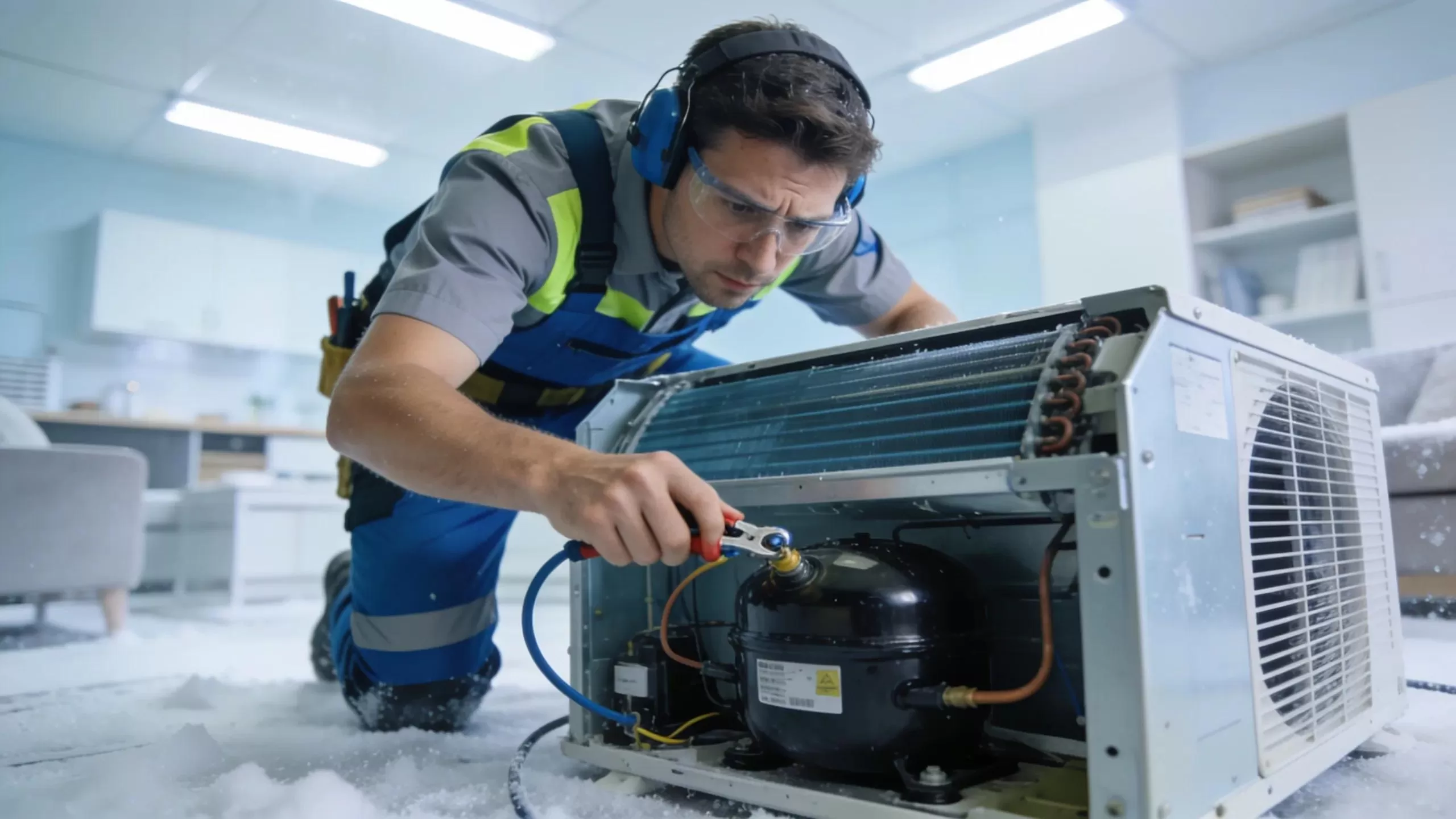 Professional HVAC technician performing essential AC compressor repairs in a residential setting