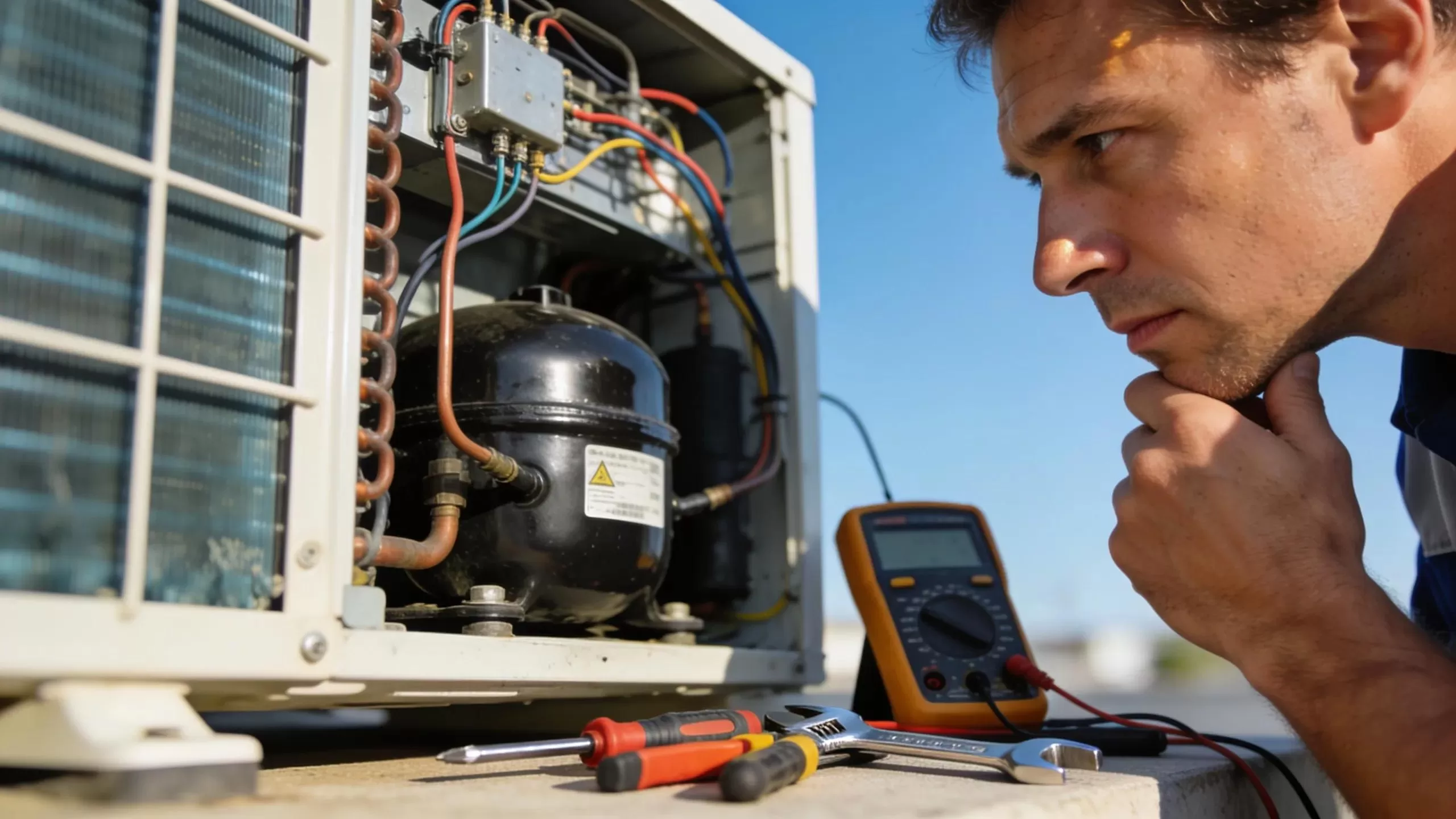 HVAC technician inspecting an air conditioning compressor, showcasing the common signs of compressor failure