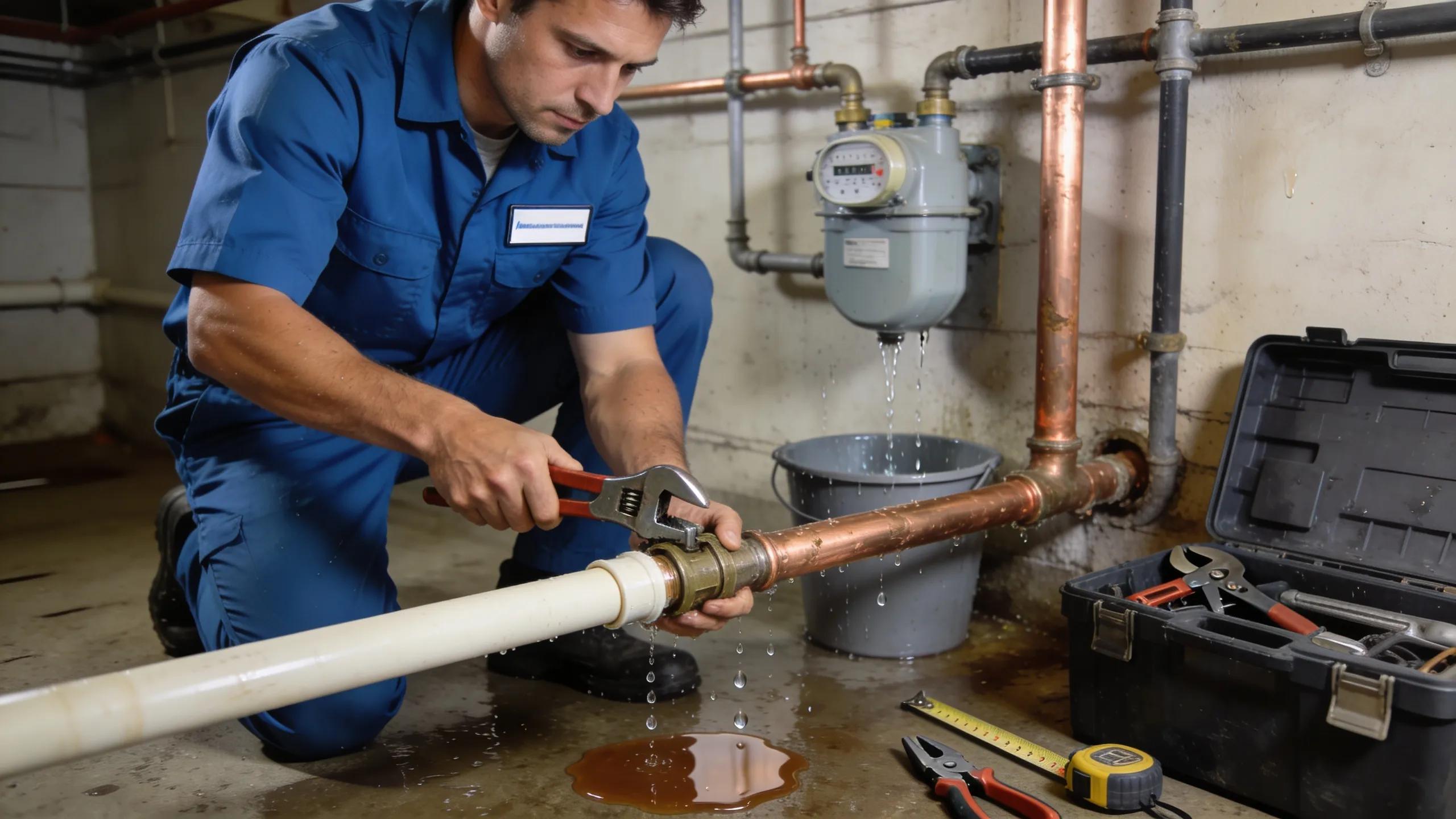 Professional plumber repairing a burst pipe in a home, showcasing emergency plumbing services