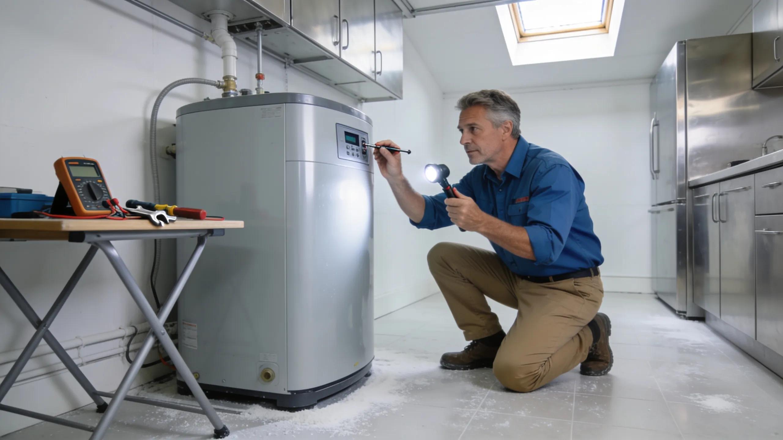 Homeowner performing maintenance on a water heater, demonstrating proactive care and longevity.