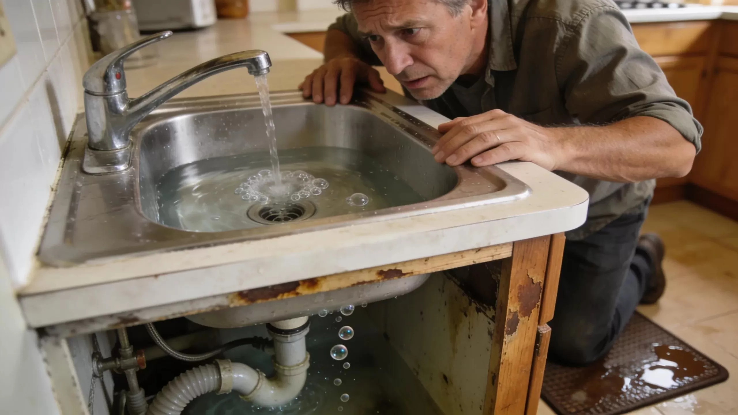 Homeowner examining plumbing signs indicative of tree root damage in sewer lines.