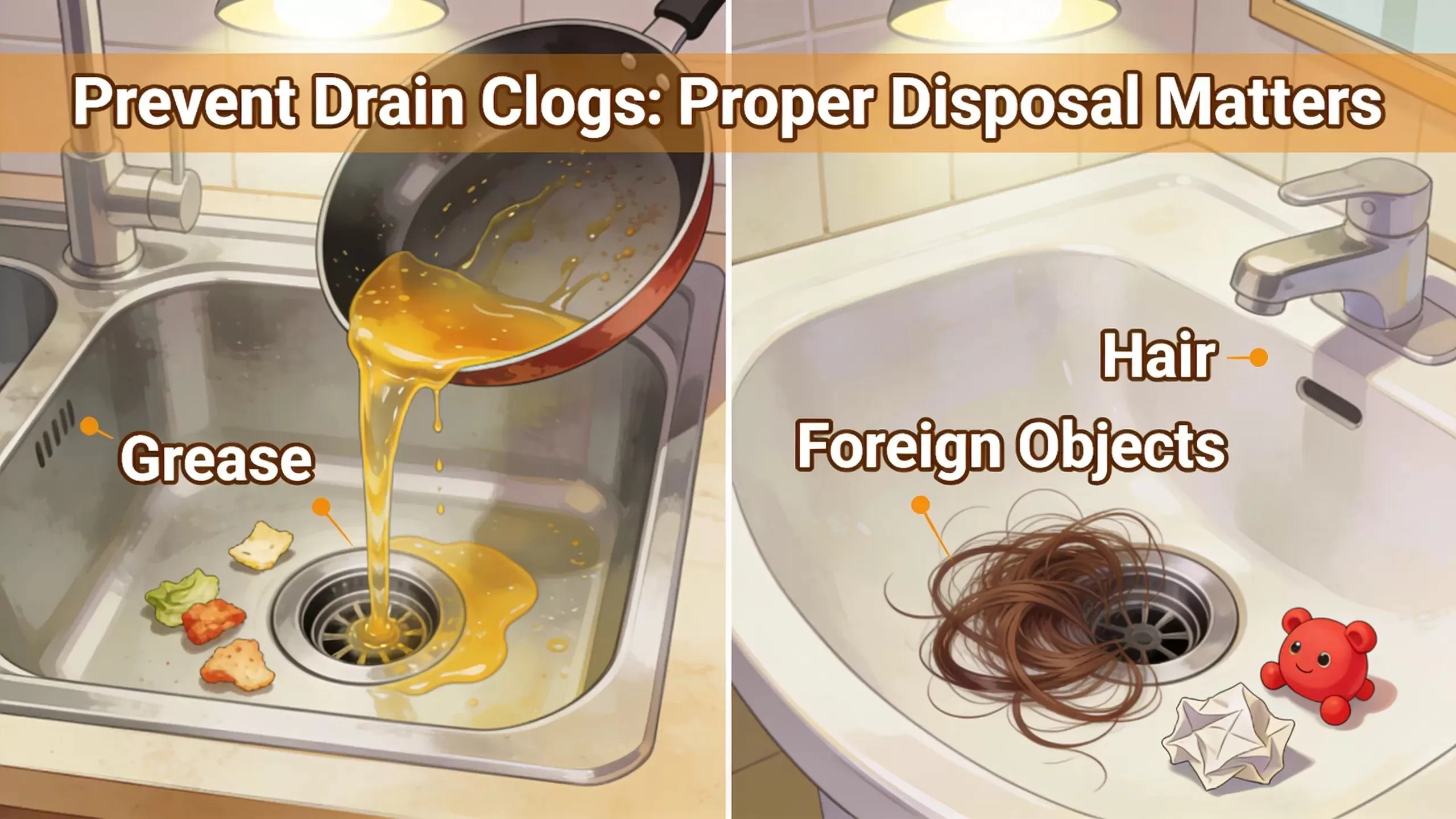 Common household items causing drain clogs in a kitchen setting