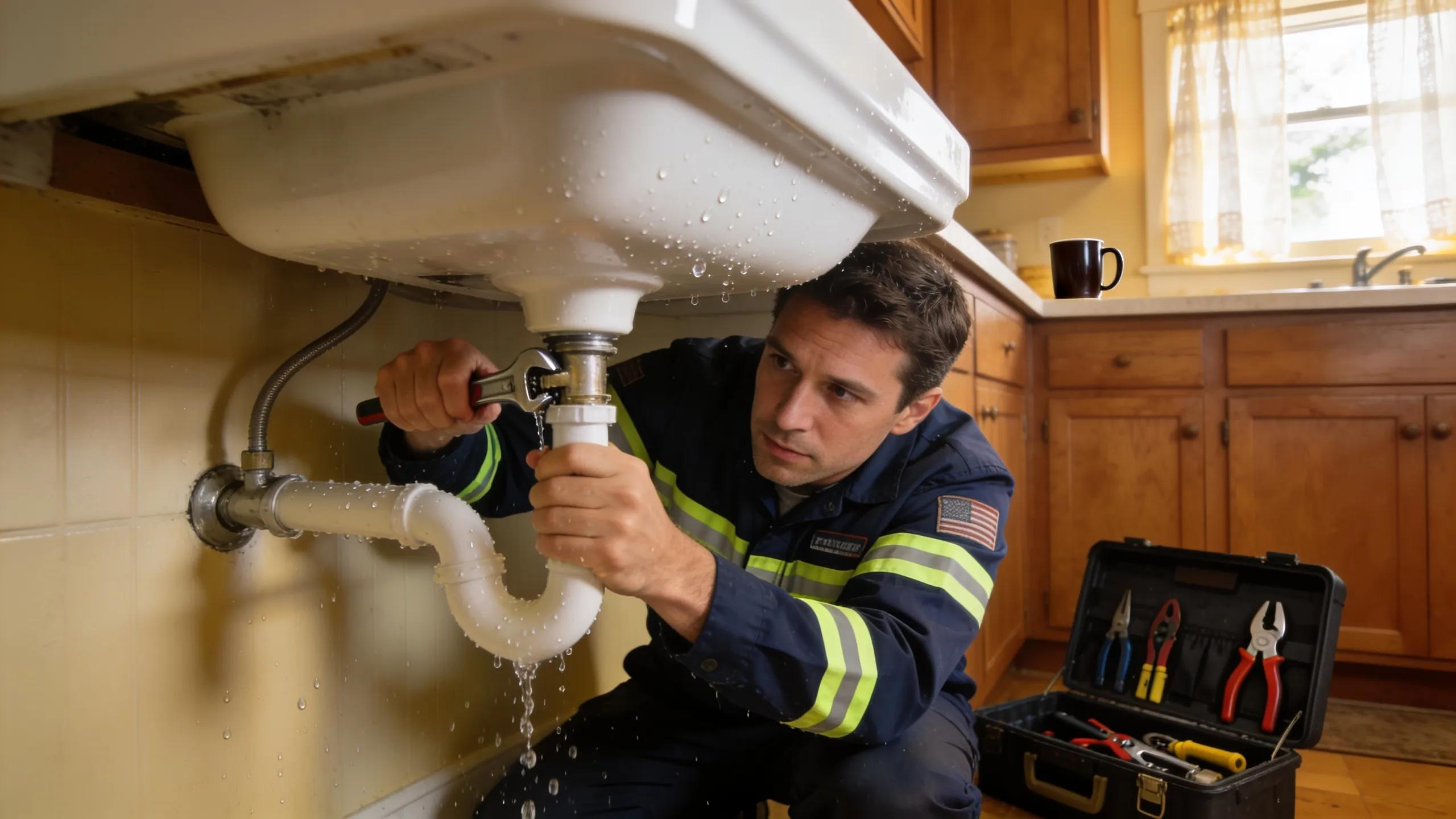 Emergency plumber fixing a pipe in a cozy New Jersey kitchen