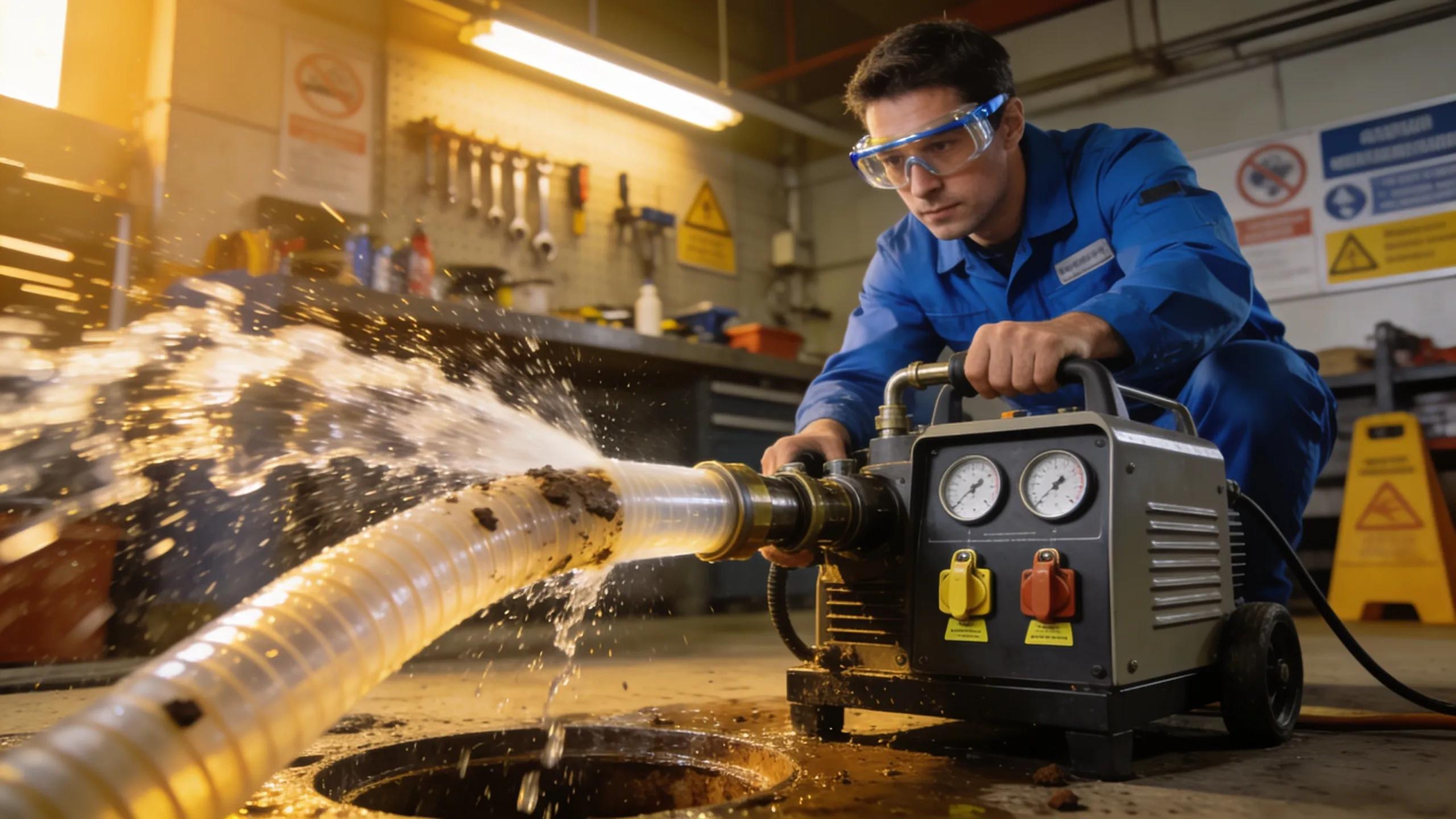 Plumber using hydro jetting equipment to clean residential drainage pipes