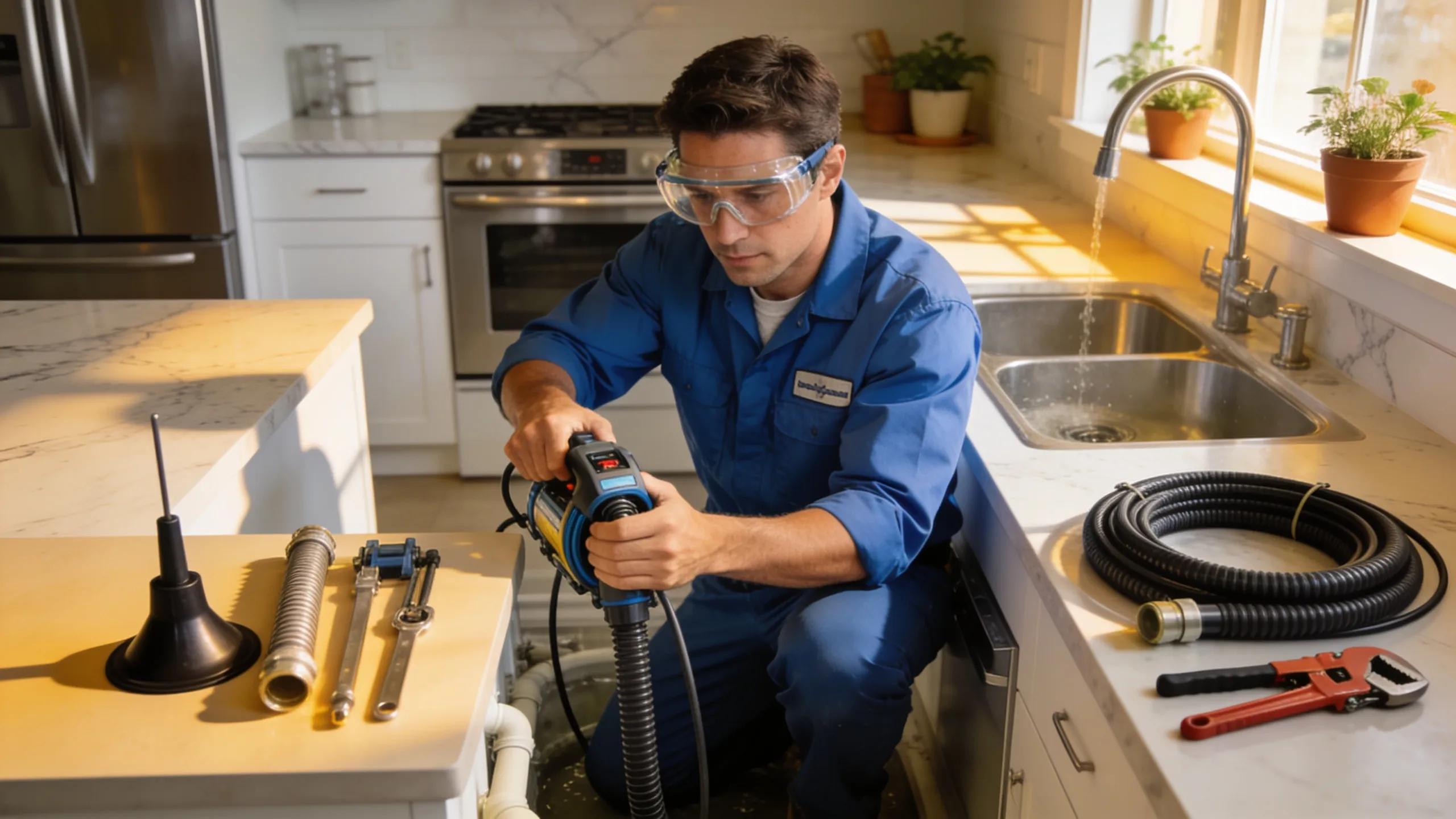 Professional plumber cleaning drains in a modern New Jersey home