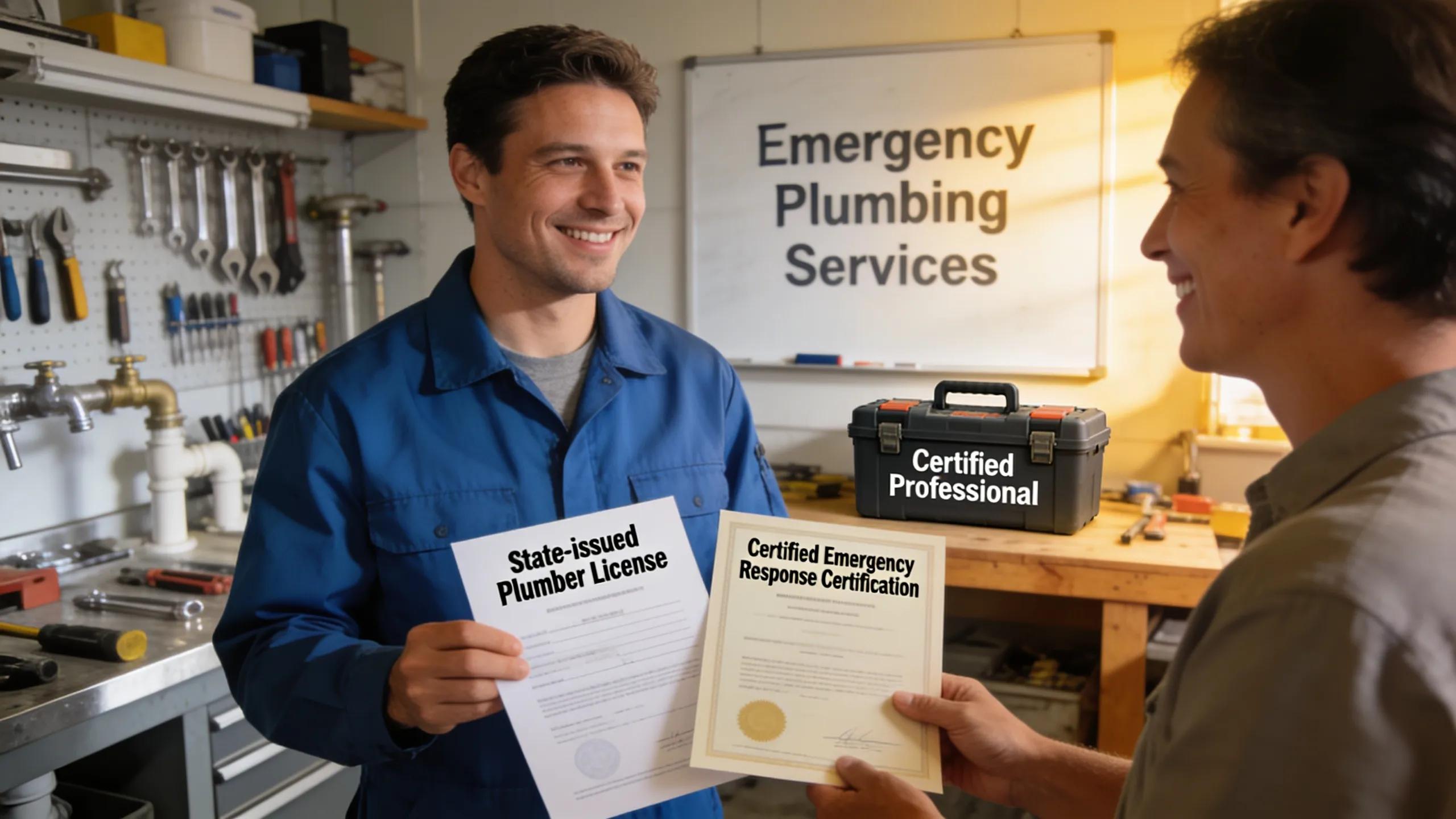 Emergency plumber showing credentials to a homeowner, ensuring trust in services