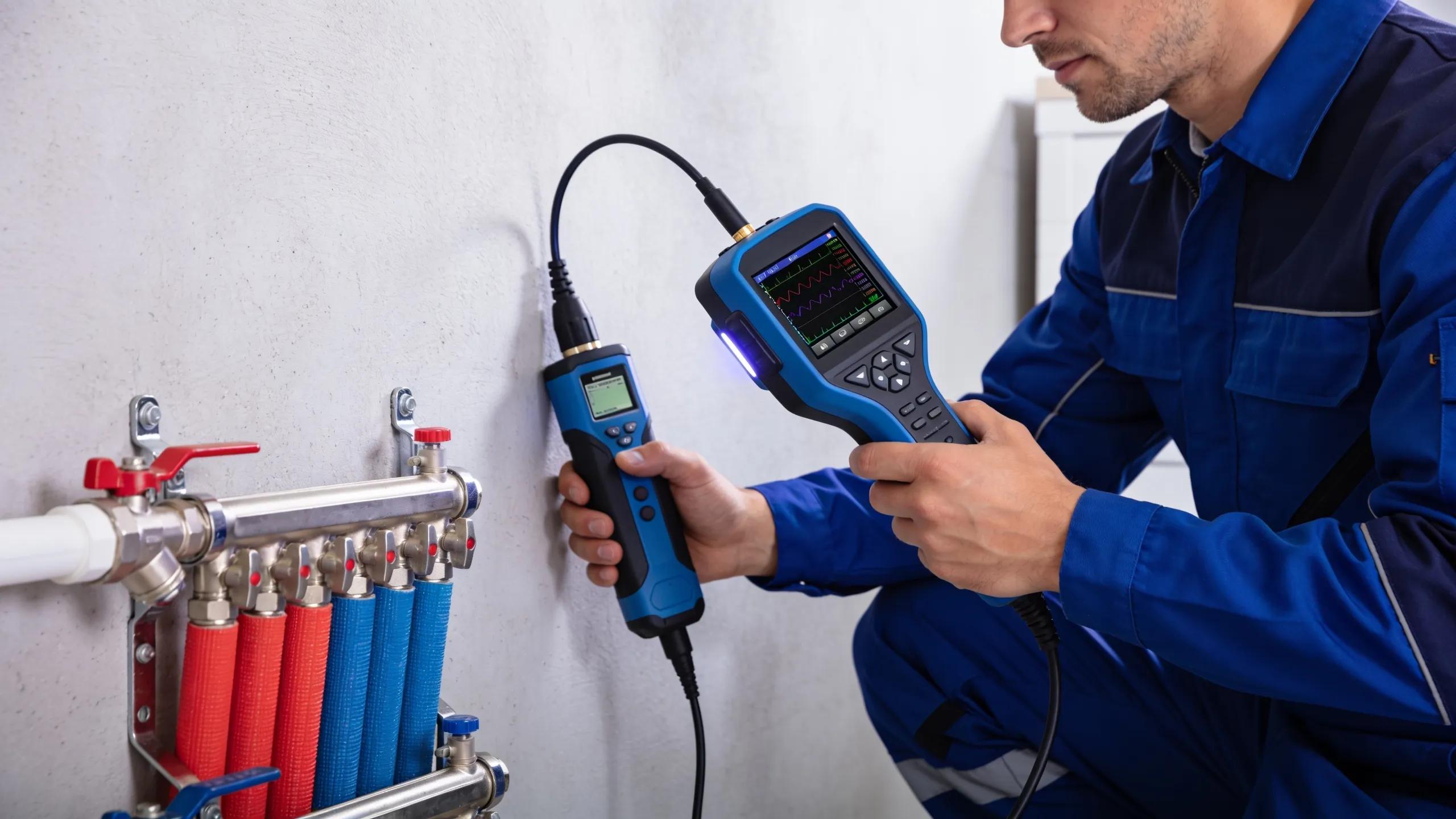 Professional plumber diagnosing a hidden water leak with advanced detection tools