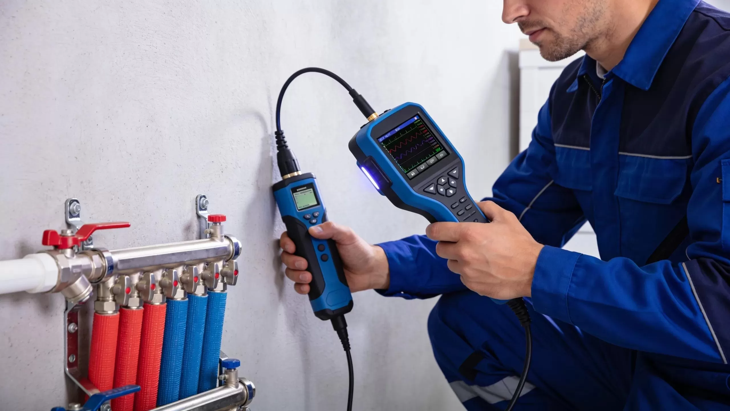 Professional plumber diagnosing a hidden water leak with advanced detection tools