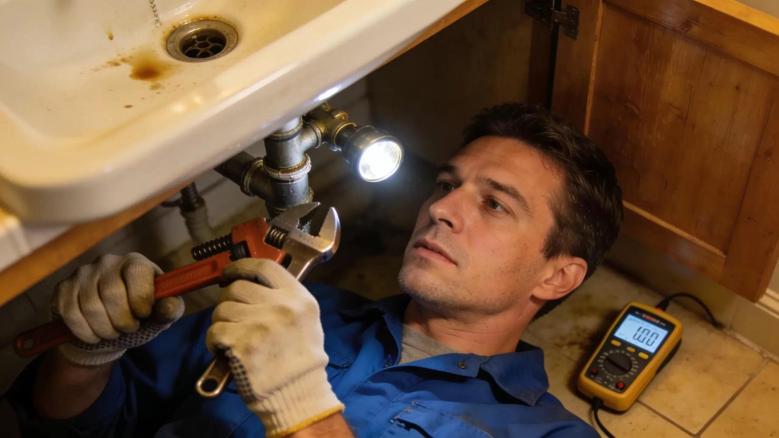 Professional plumber examining a leaky pipe under a bathroom sink, emphasizing the need for expert plumbing assistance.