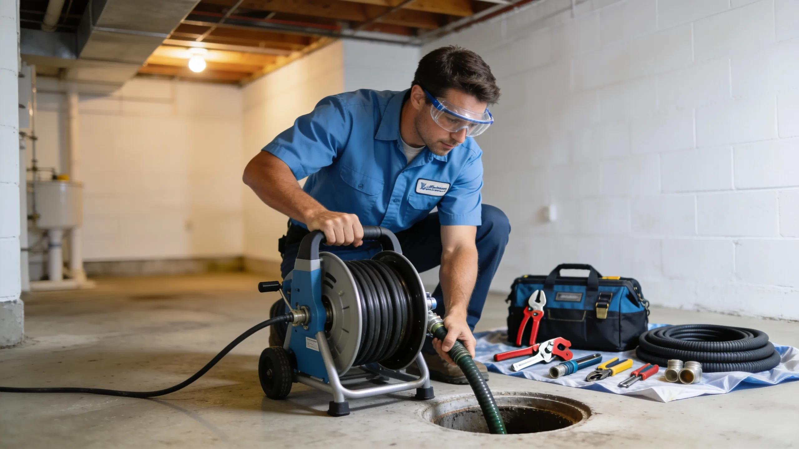 Professional plumber performing drain cleaning service with hydro-jetting equipment in New Jersey
