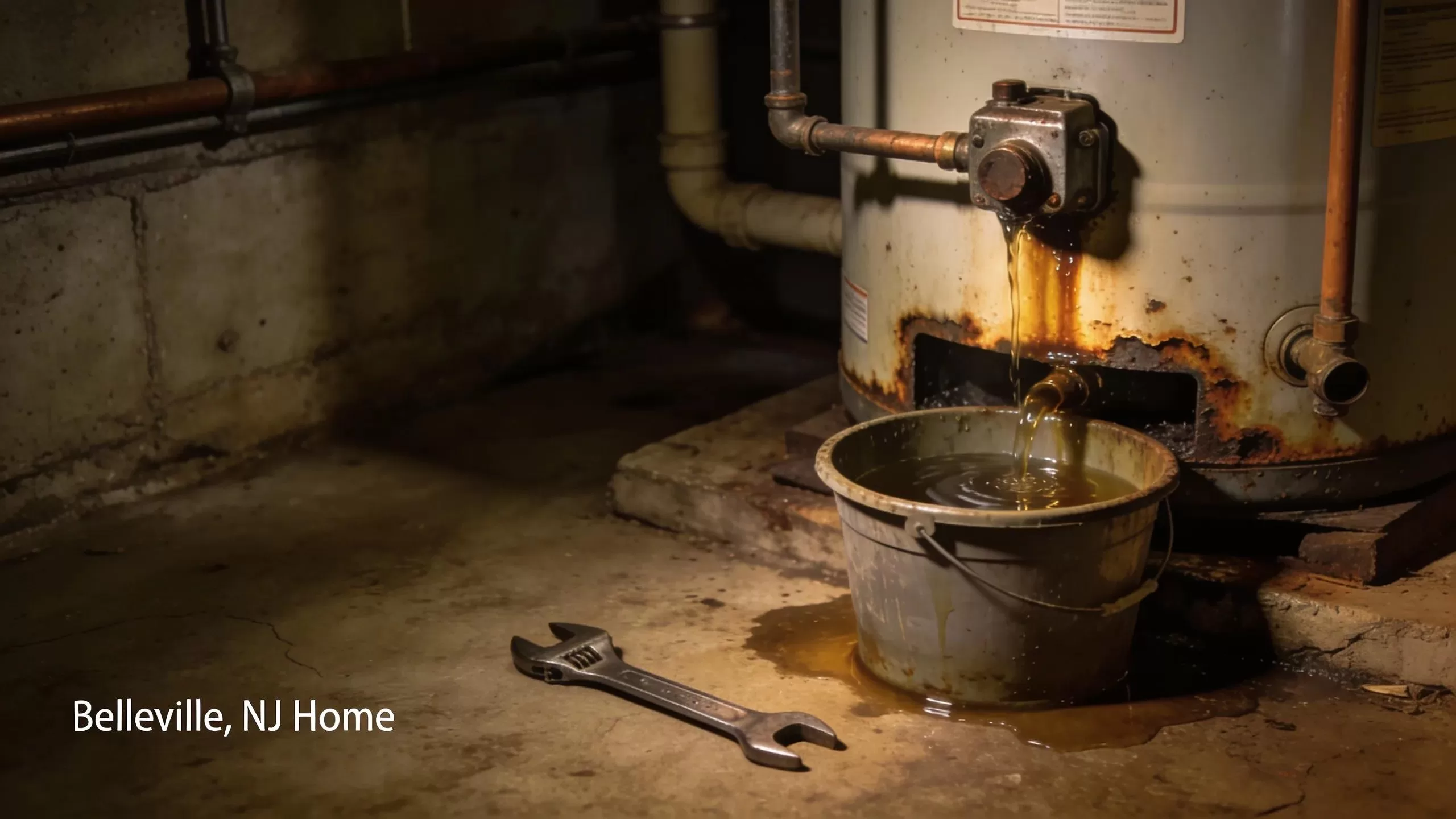 Leaking water heater in a basement, illustrating common water heater issues faced by homeowners in NJ