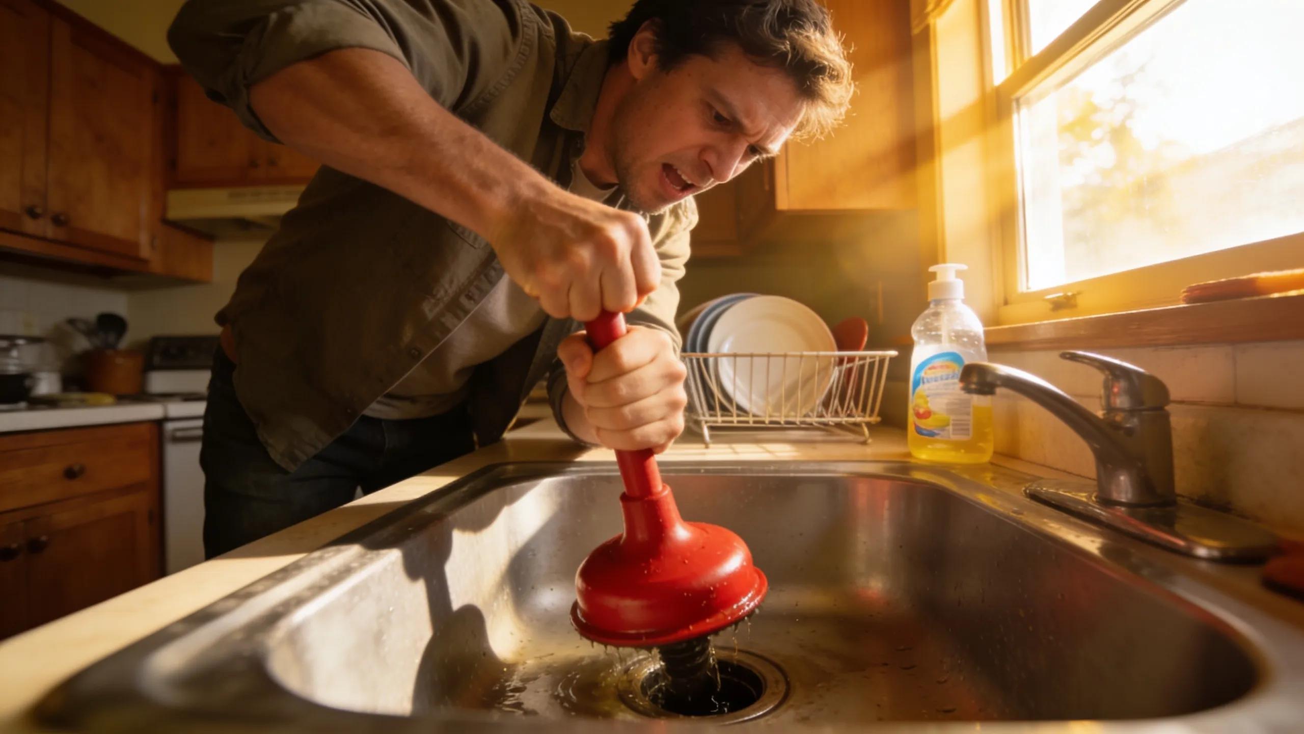 Homeowner using a plunger on a kitchen sink to fix a clogged drain, illustrating DIY plumbing solutions.