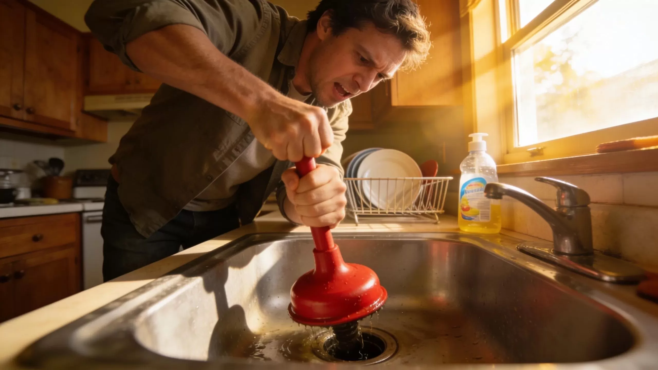 Homeowner using a plunger on a kitchen sink to fix a clogged drain, illustrating DIY plumbing solutions.