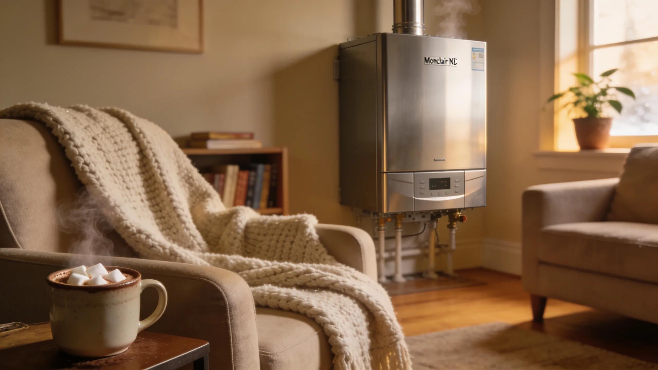 Modern boiler in a cozy Montclair living room, emphasizing warmth and comfort during winter