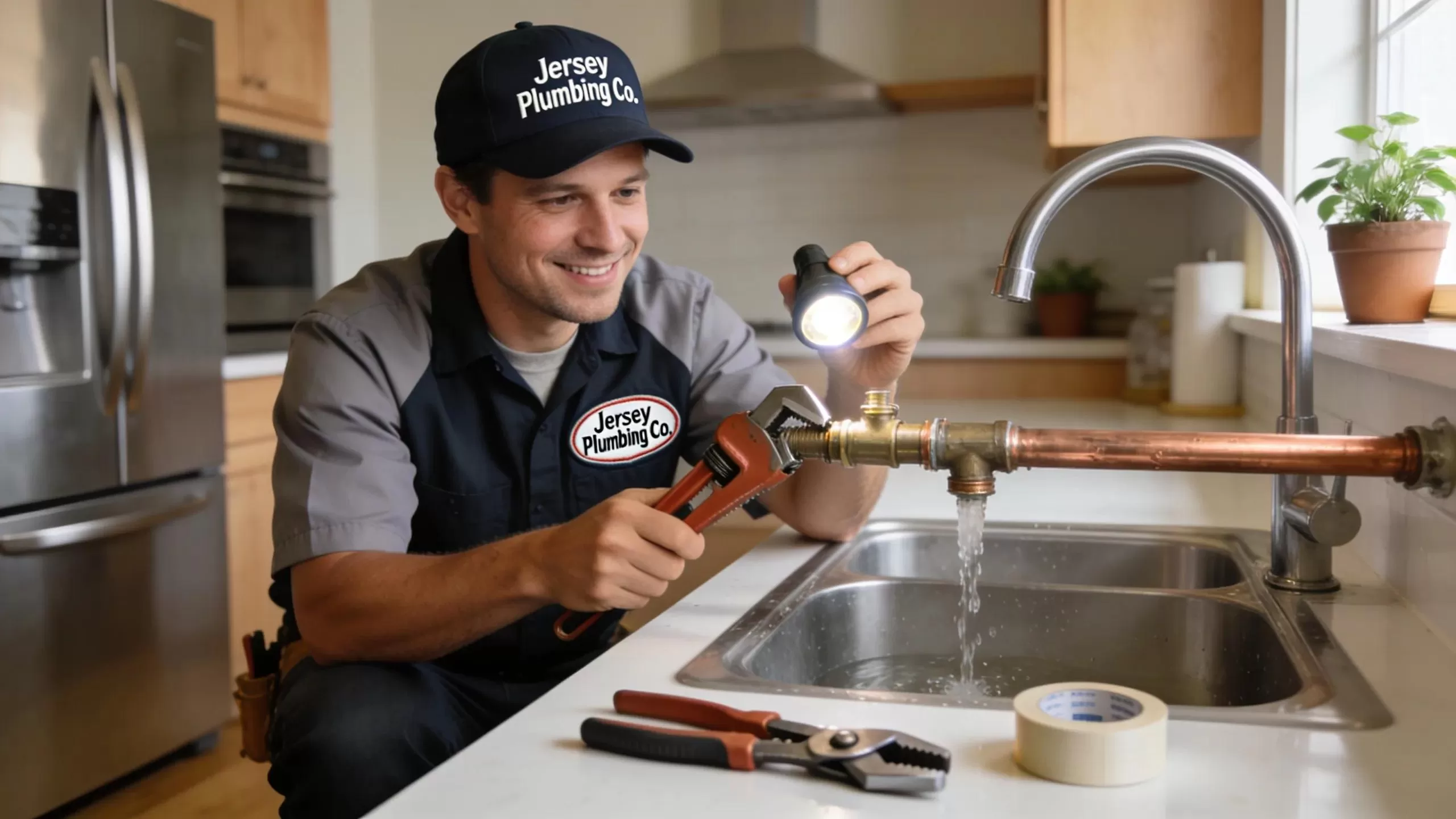 Professional plumber inspecting a leaking pipe in a NJ home