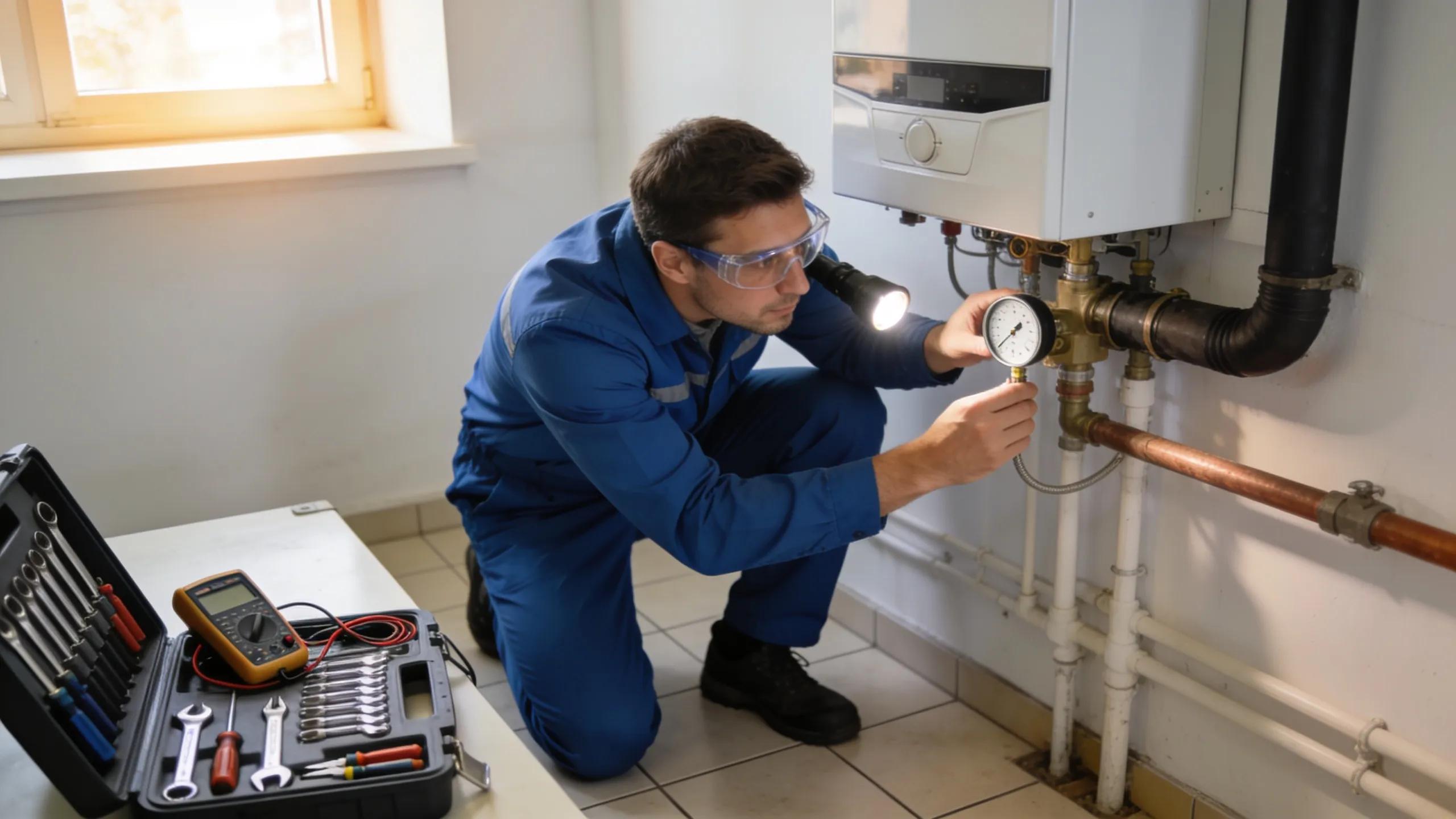 Technician inspecting a boiler system to ensure readiness for NJ winters during pre-winter maintenance