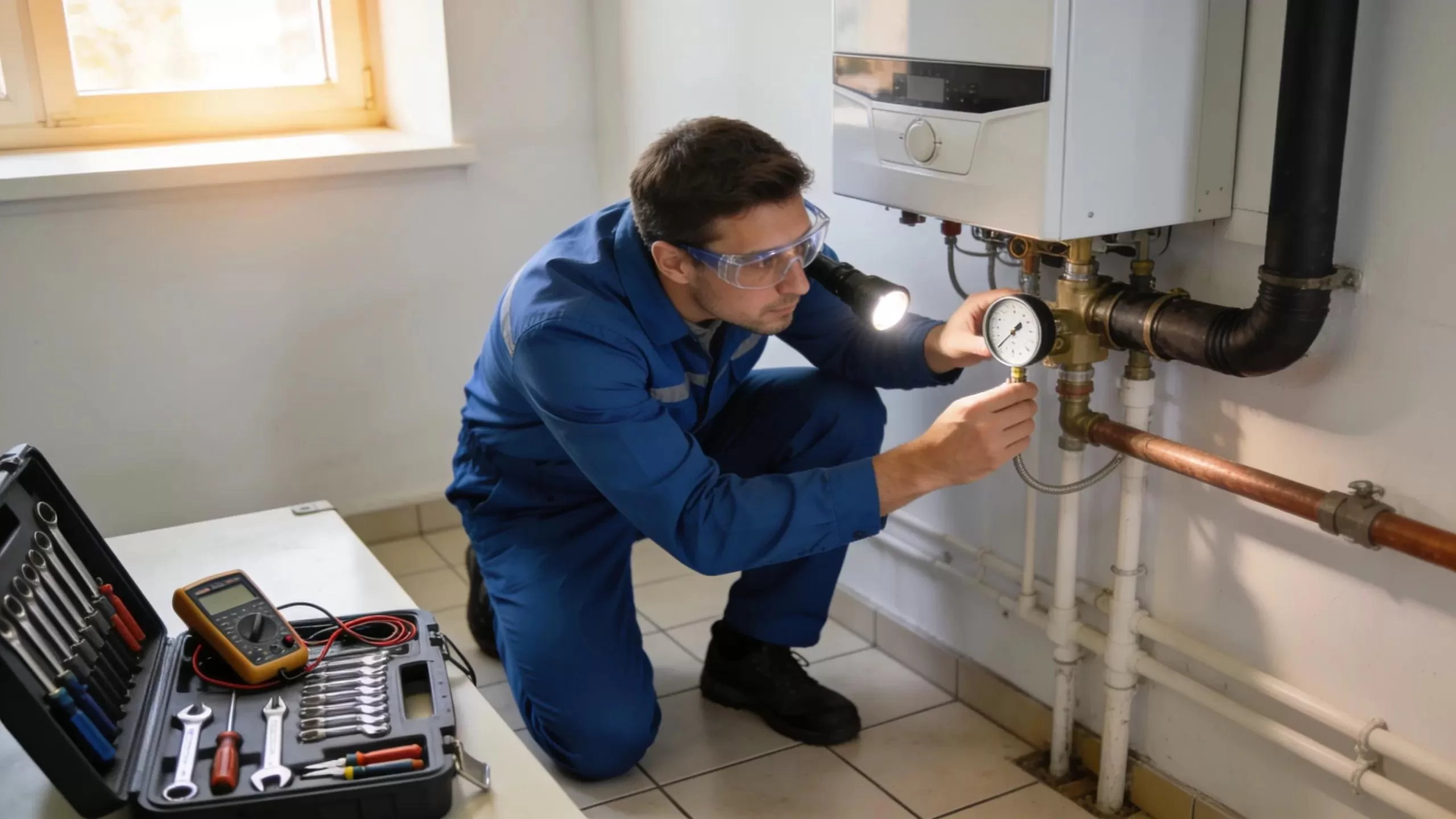 Technician inspecting a boiler system to ensure readiness for NJ winters during pre-winter maintenance