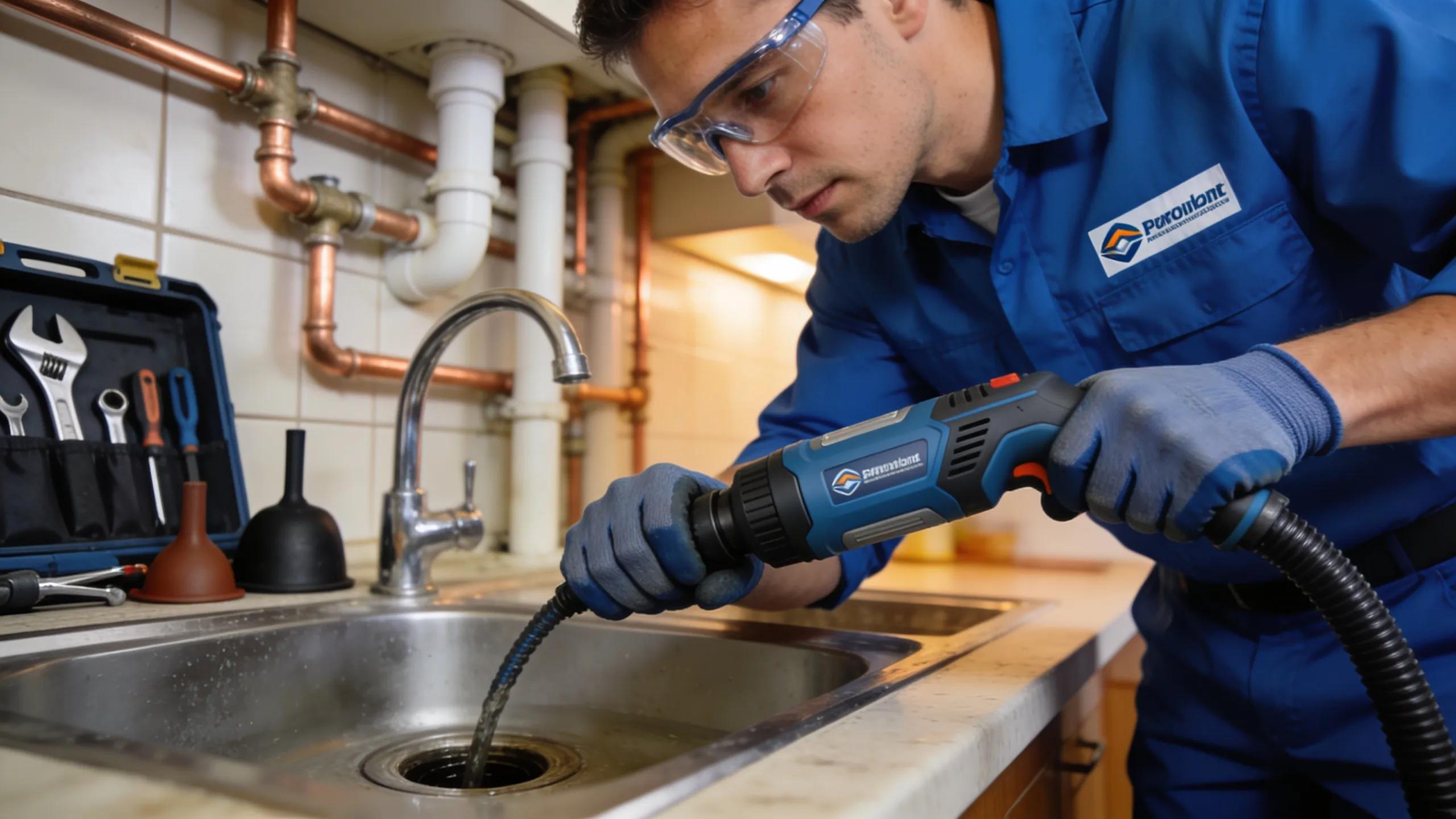Professional plumber cleaning a residential drain using modern tools