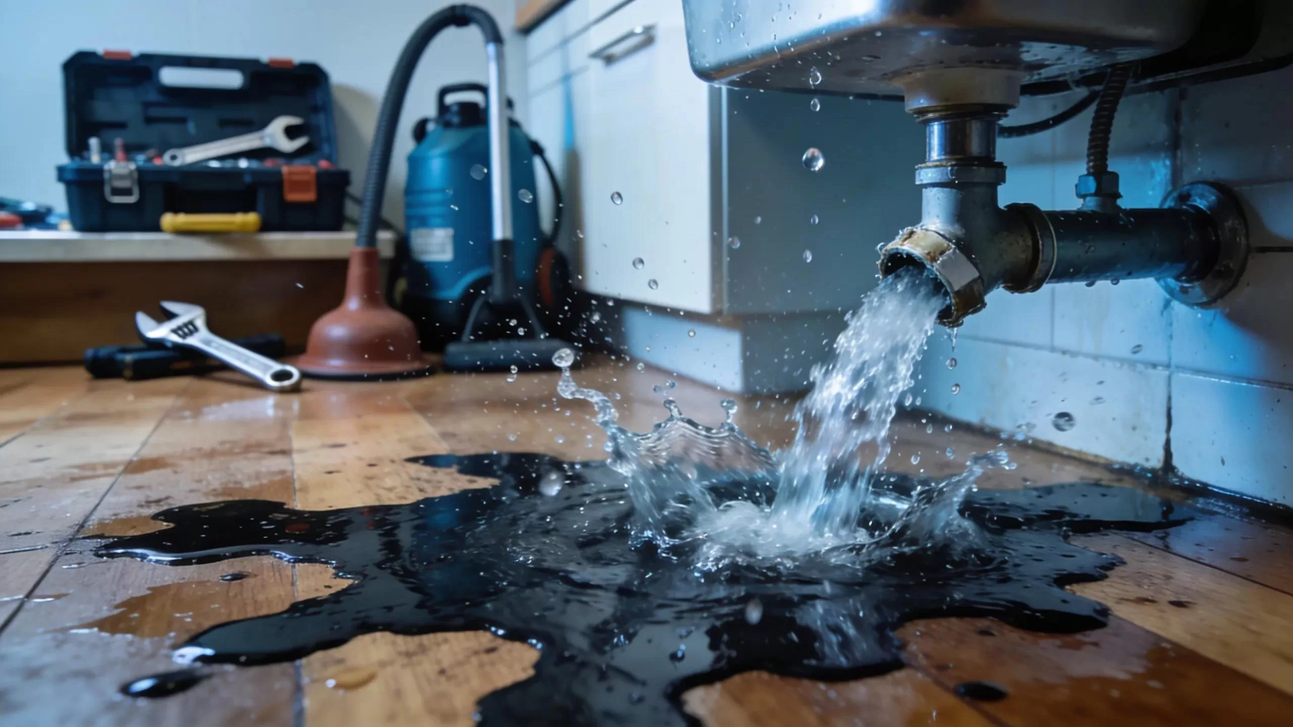 Burst pipe causing flooding in a home, illustrating a plumbing emergency