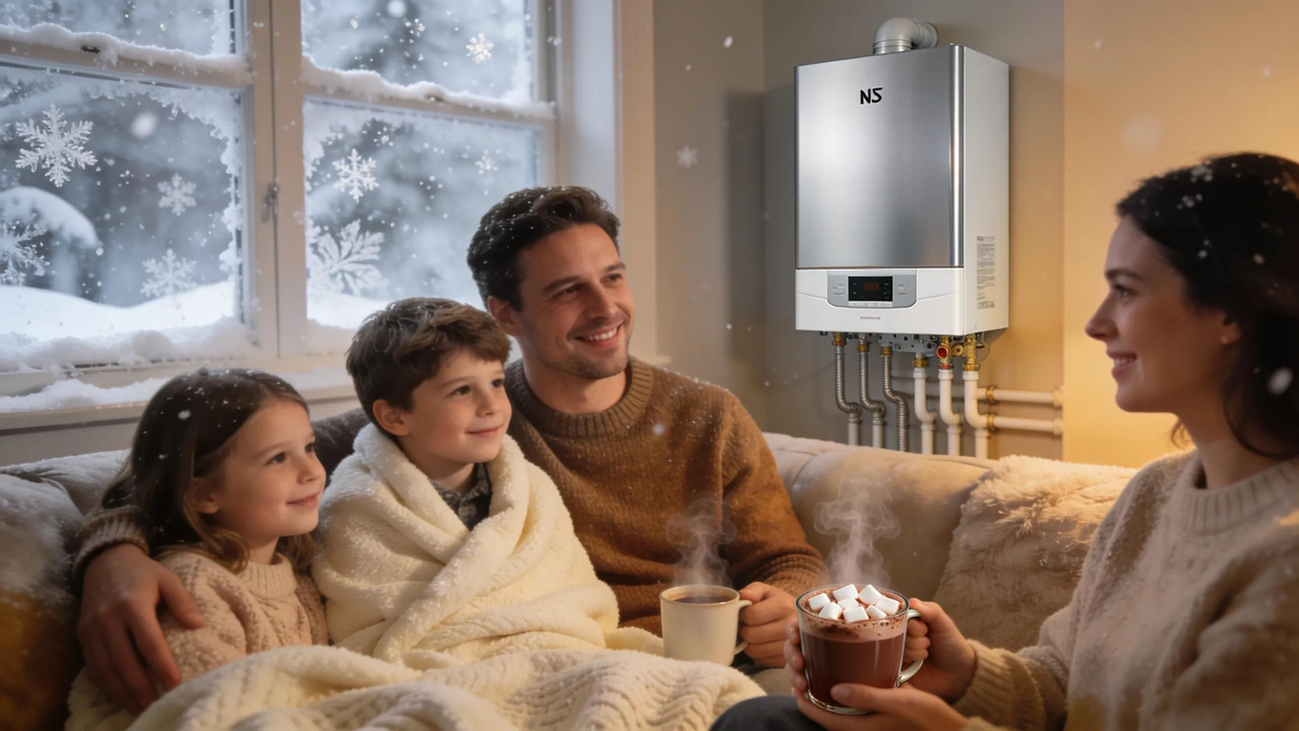Cozy winter living room with a modern boiler system ensuring heating efficiency for NJ homeowners