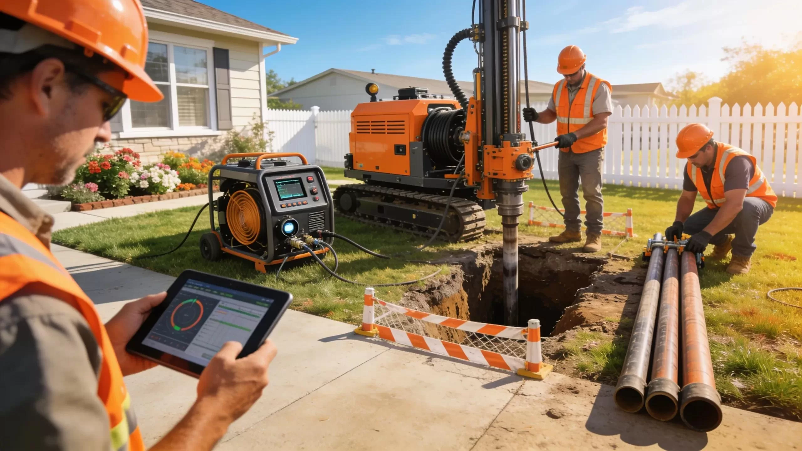 Construction team involved in trenchless sewer repair with modern tools in a residential area